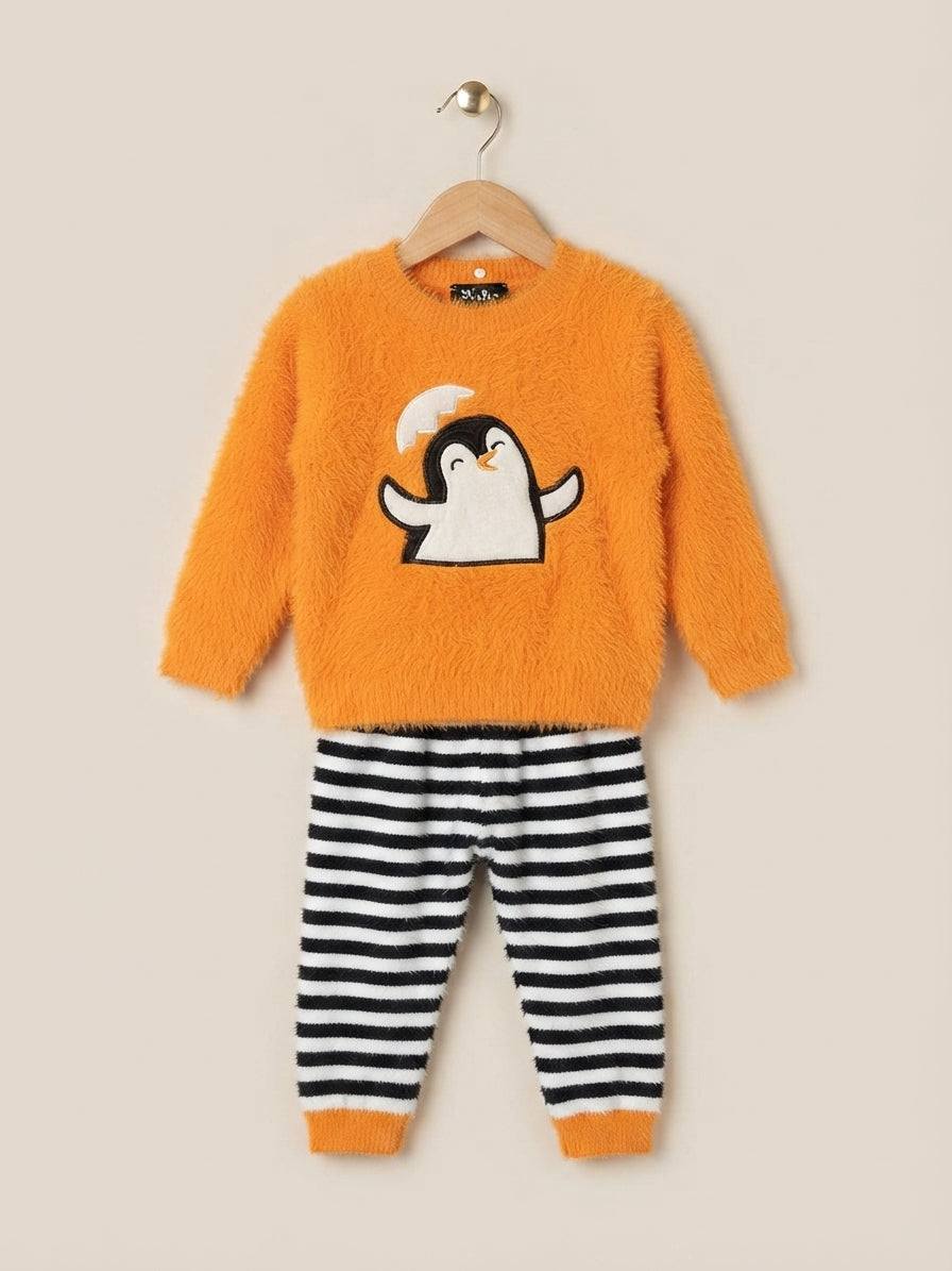 Fluffy Kids Penguin Graphic Winter Sweater And Striped Trouser Outfit Set