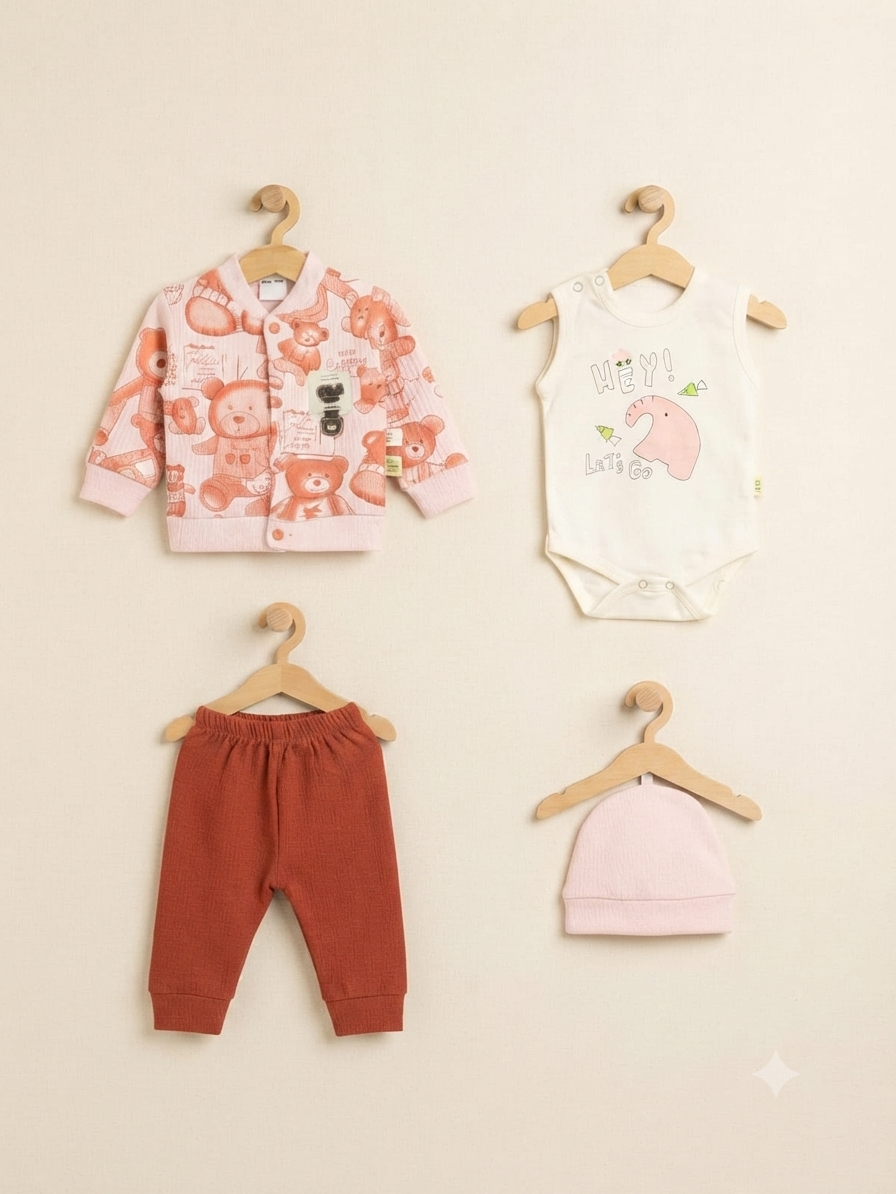 Adorable Premium Baby Clothing Set with Printed Jacket Bodysuit Pants and Matching Cap