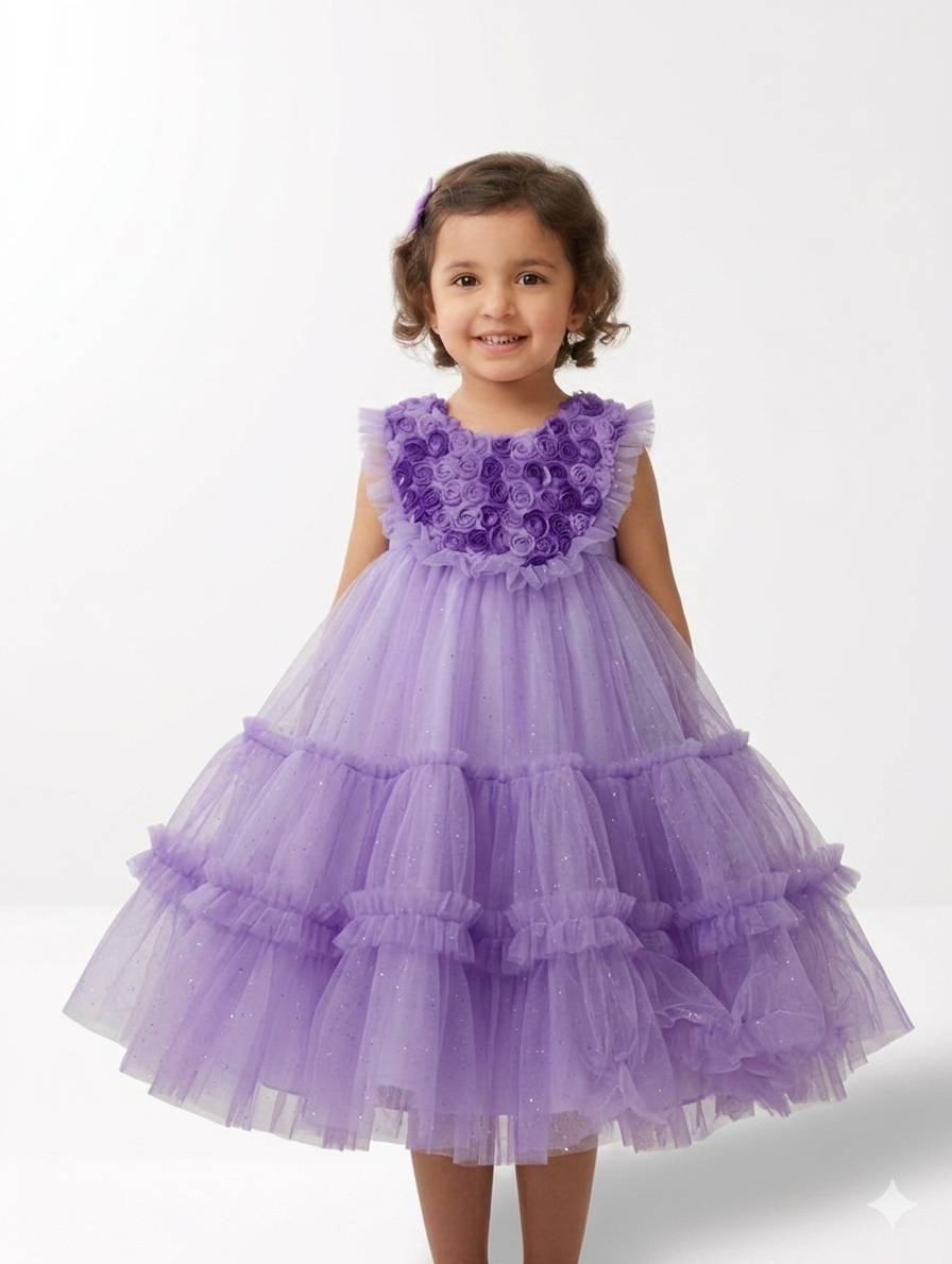 Toddler Girl Pastel Rainbow Tulle Party Dress with Floral Applique and Ruffled Tiered Skirt