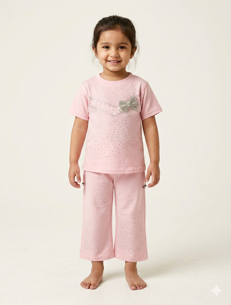 Girls Sparkling Rhinestone Bow Detail Short Sleeve Top and Wide Leg Pant Two Piece Set