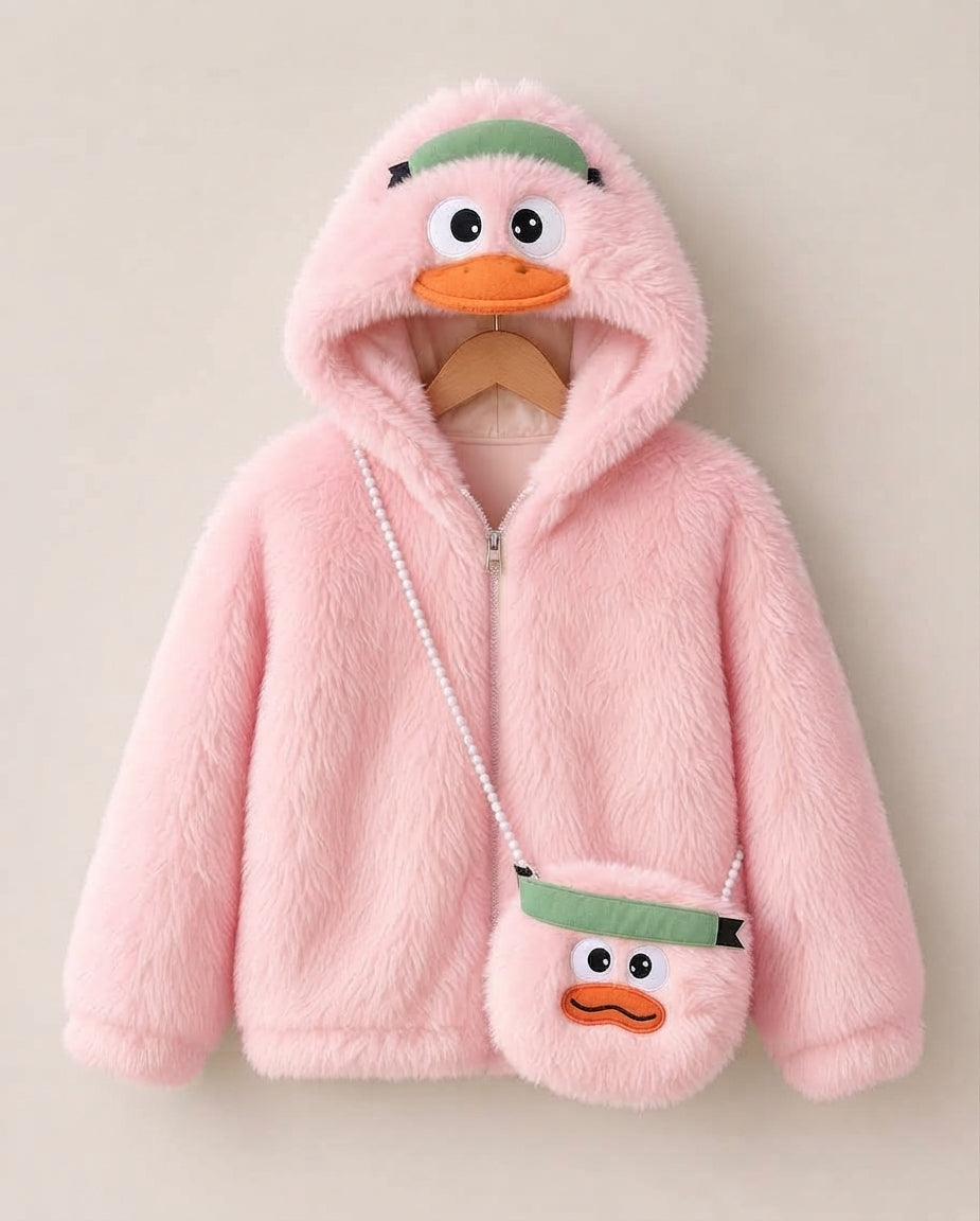 Cute Fluffy Duck Hooded Winter Jacket With Matching Purse For Kids