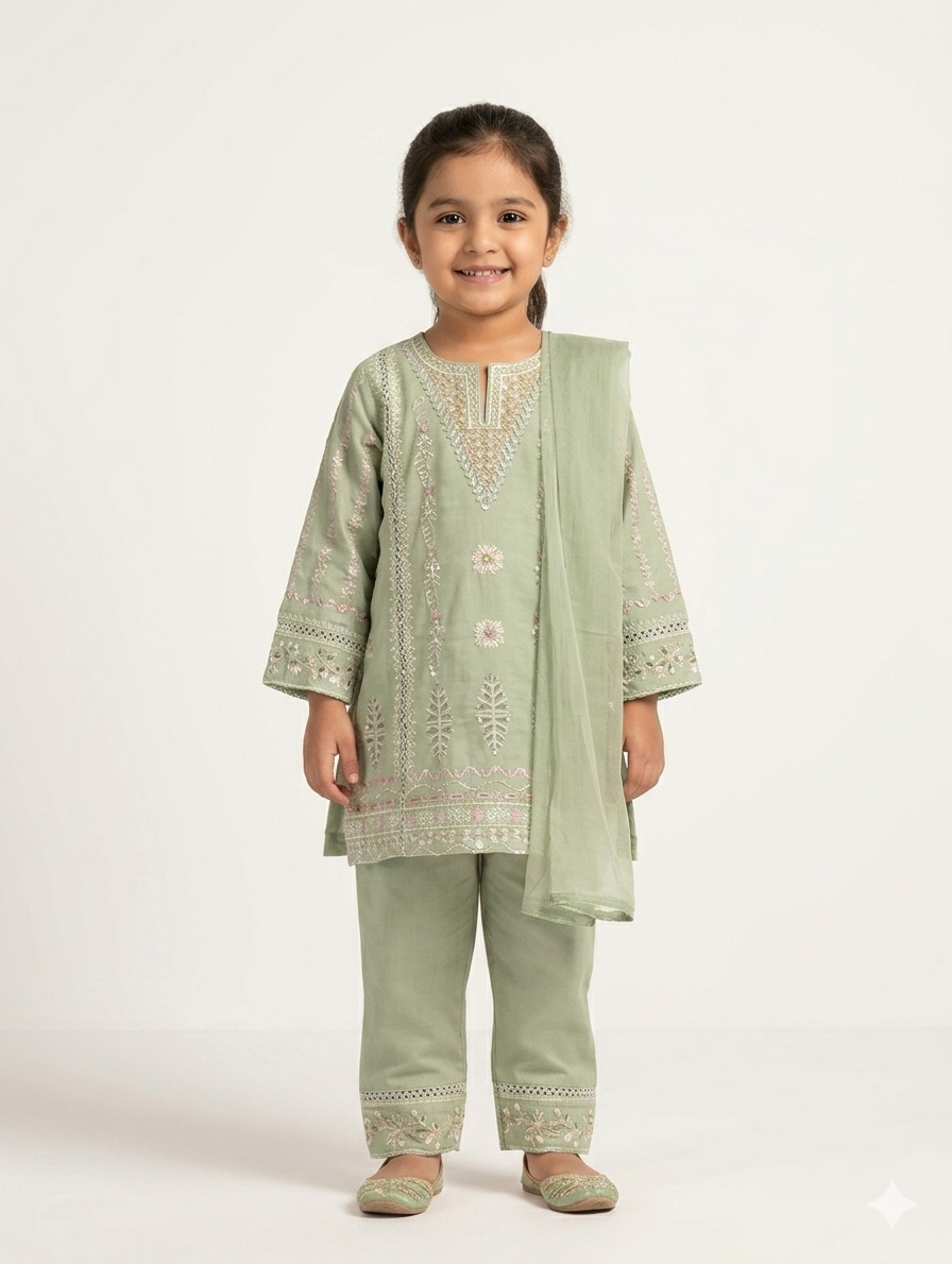 Elegant Kids' Three-Piece Embroidered Festive Shalwar Kameez Set with Matching Net Dupatta