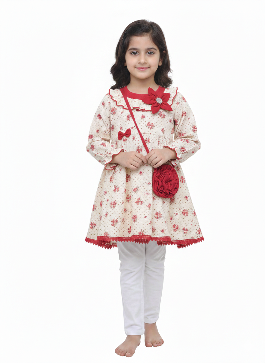Girls' Elegant Floral Print A-Line Tunic Set with Matching Crossbody Bag and White Trousers