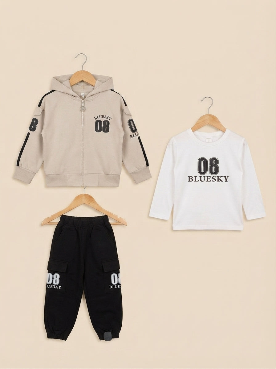 Kids stylish 3 piece tracksuit set with hoodie, matching inner t shirt, and joggers.
