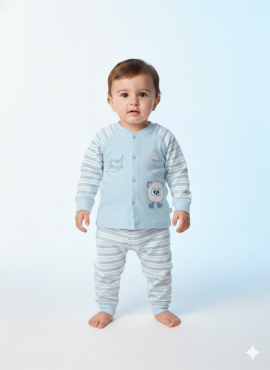 Baby Boys Two Piece Summer Set Light Blue Striped Panda Top And Matching Pants