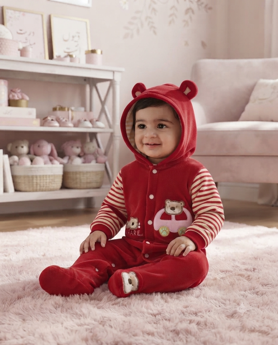 Cute Baby Fleece Romper with Hood and Cute Applique