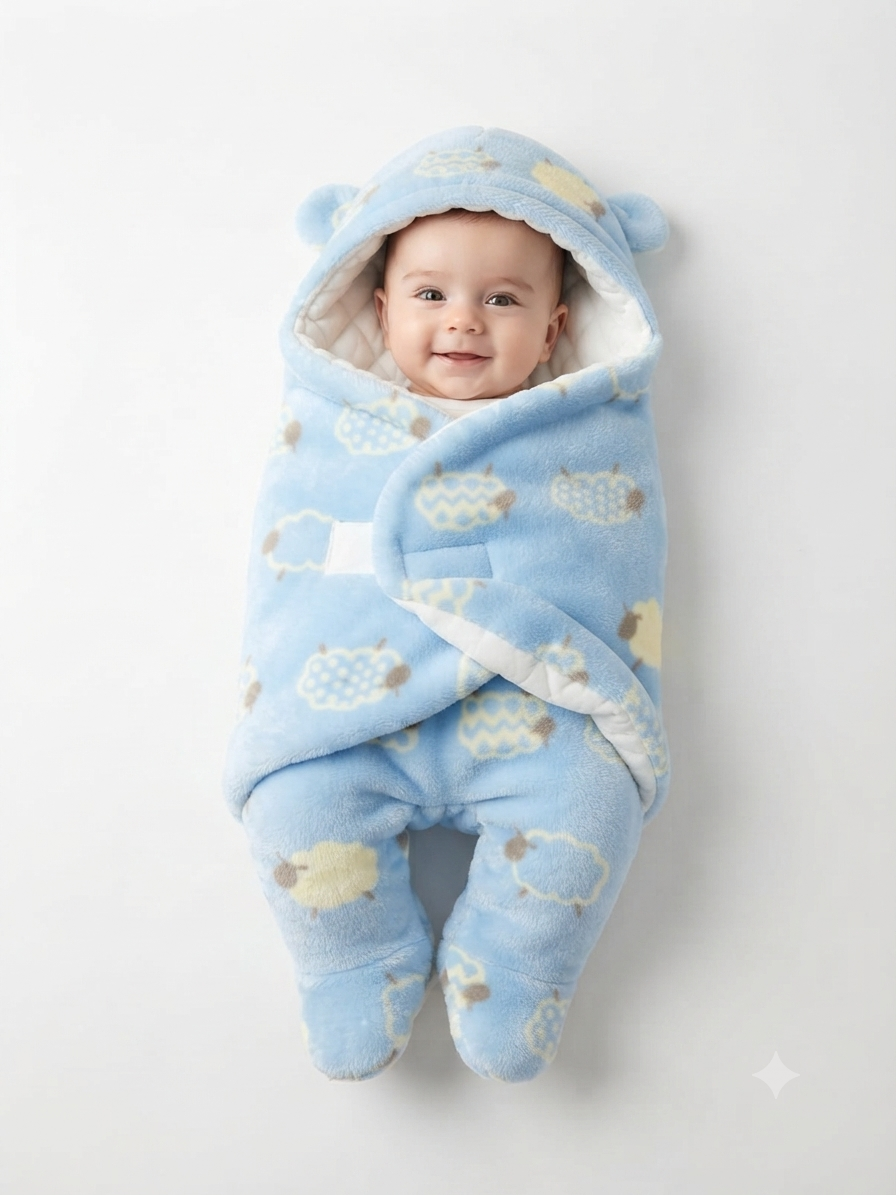 Soft Blue Sheep Print Baby Swaddle Wrap and Hooded Sleeping Bag Set