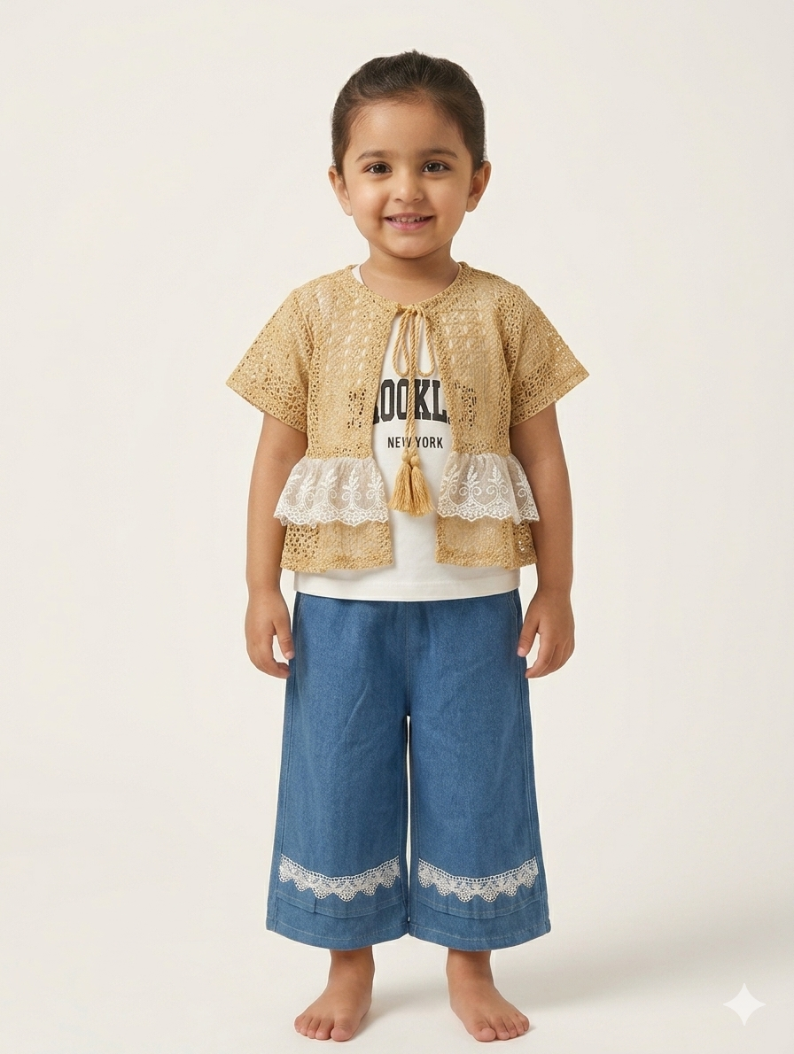 Girls Trendy Three Piece Outfit Set Featuring Lace Shrug Graphic Tee and Wide Leg Denim