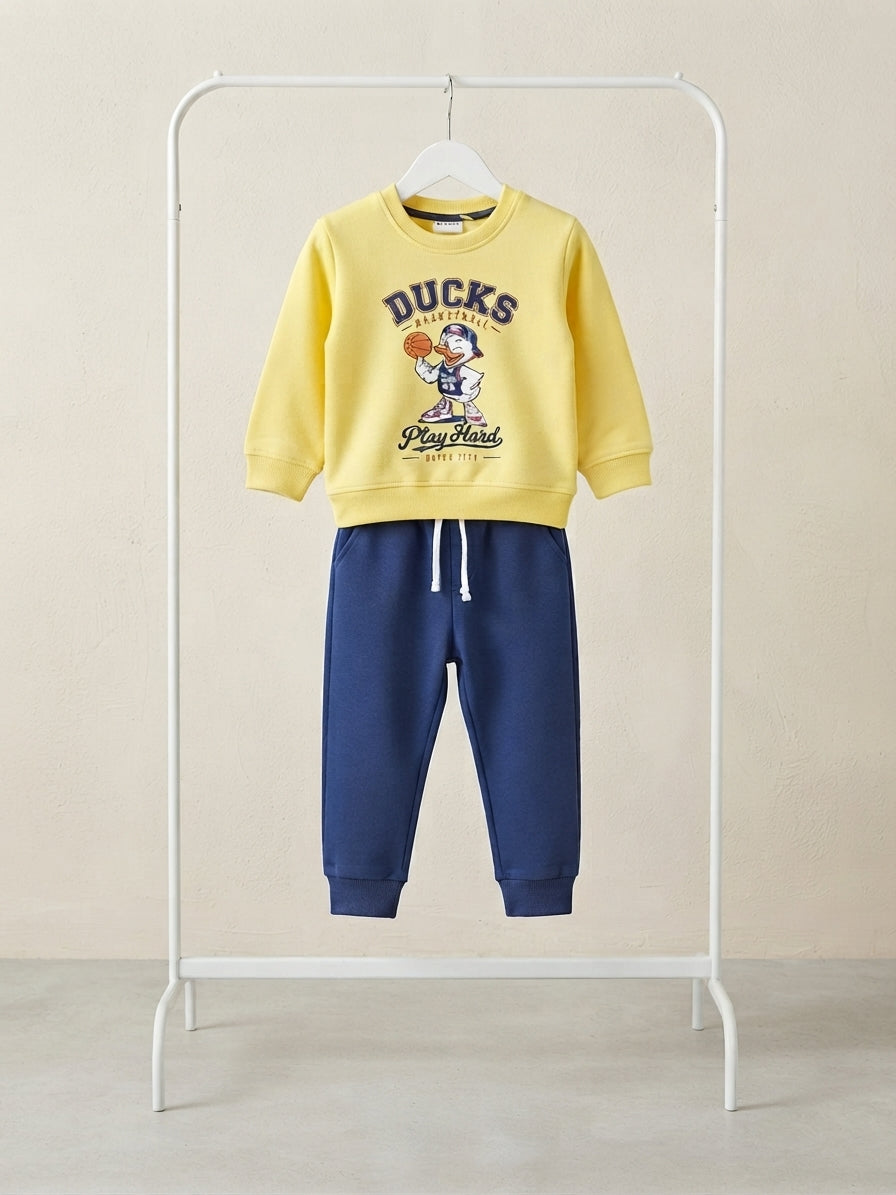 Play Hard Duck Basketball Yellow Crewneck Sweatshirt and Blue Trouser Set