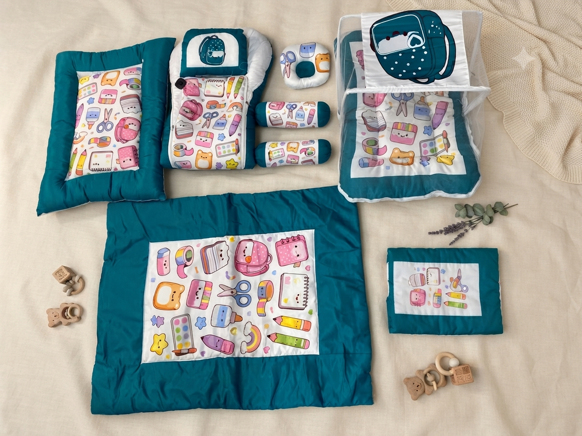 Complete Teal School Stationery Print Baby Bedding Set For Comfortable Sleep And Nursery Decor