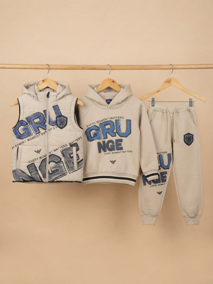 Stylish Boys Three Piece Winter Outfit Featuring Printed Hoodie Matching Trouser And Puffer Vest