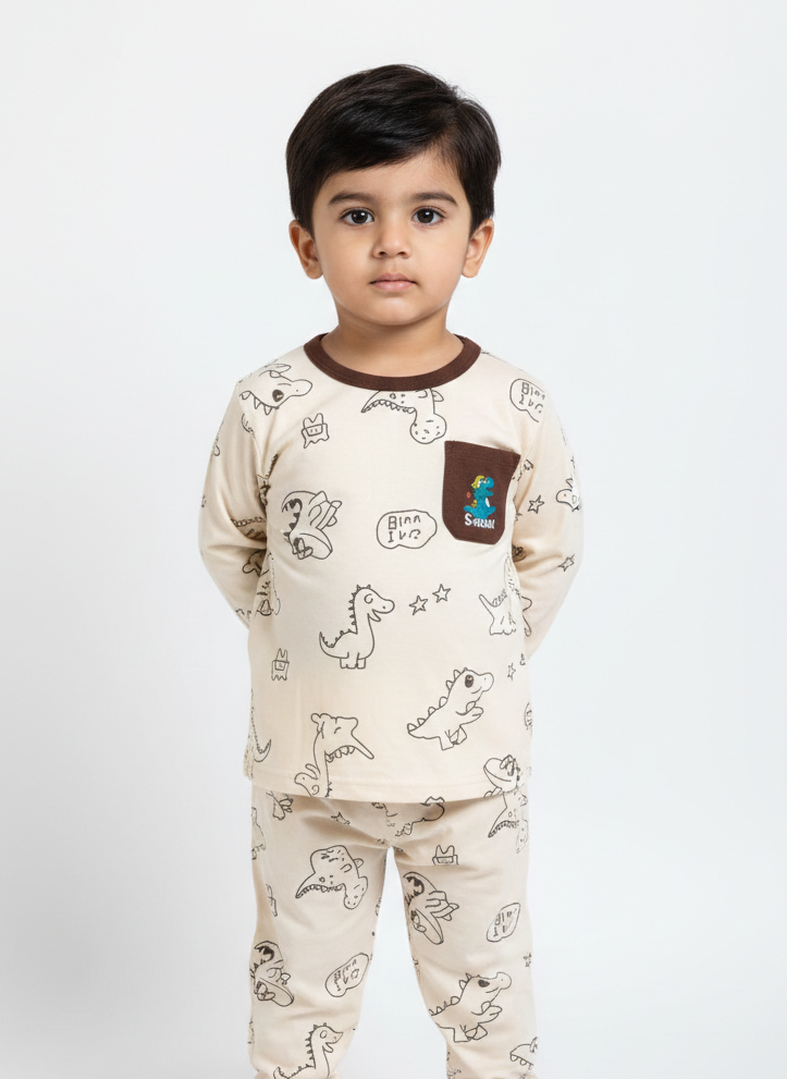 China Imported Kids Night Suit – Little Dino Character Print | Soft Cotton Nightwear