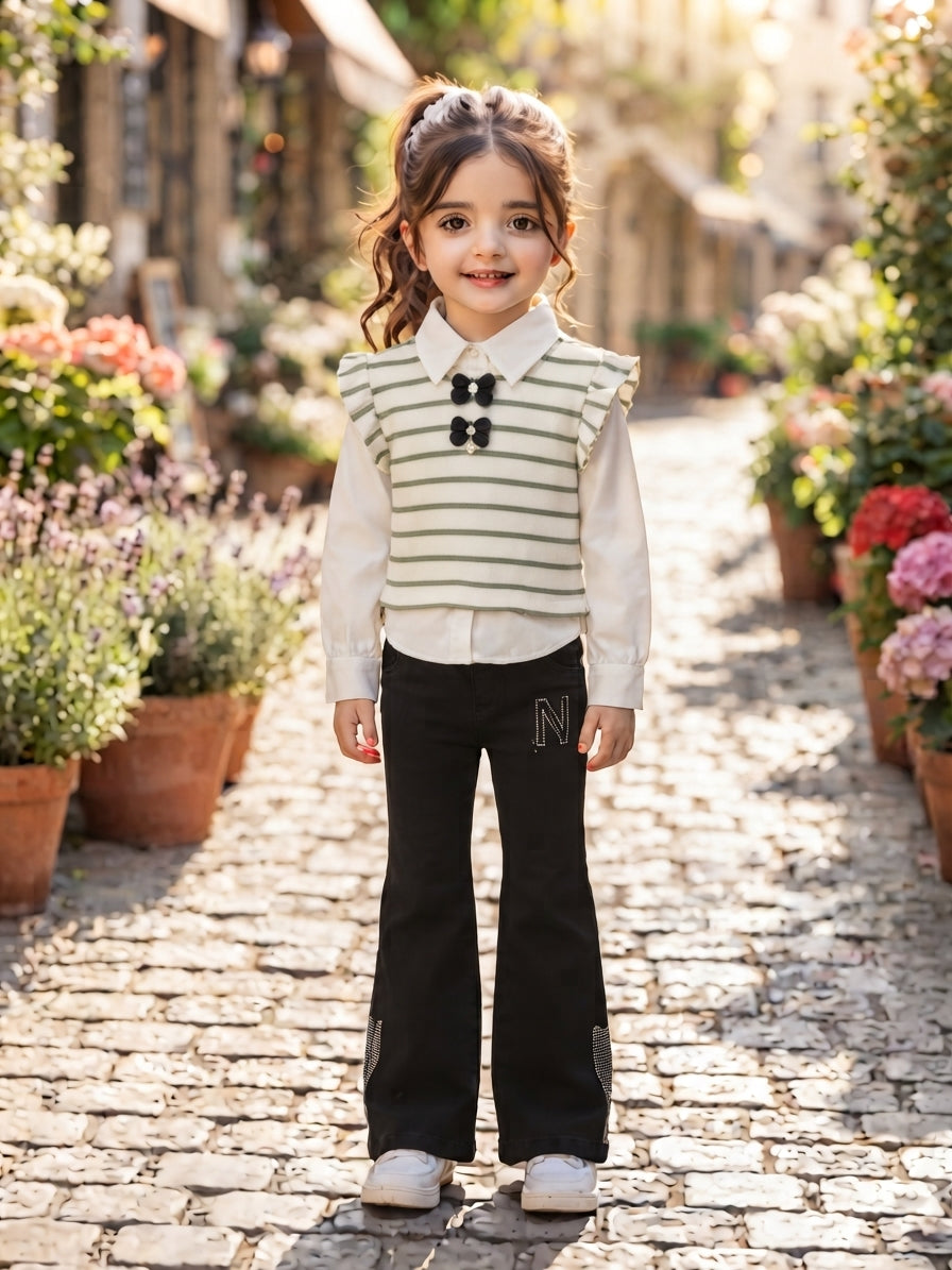 Girls Elegant Striped Floral Top And Black Trouser Pants Outfit Combo Set