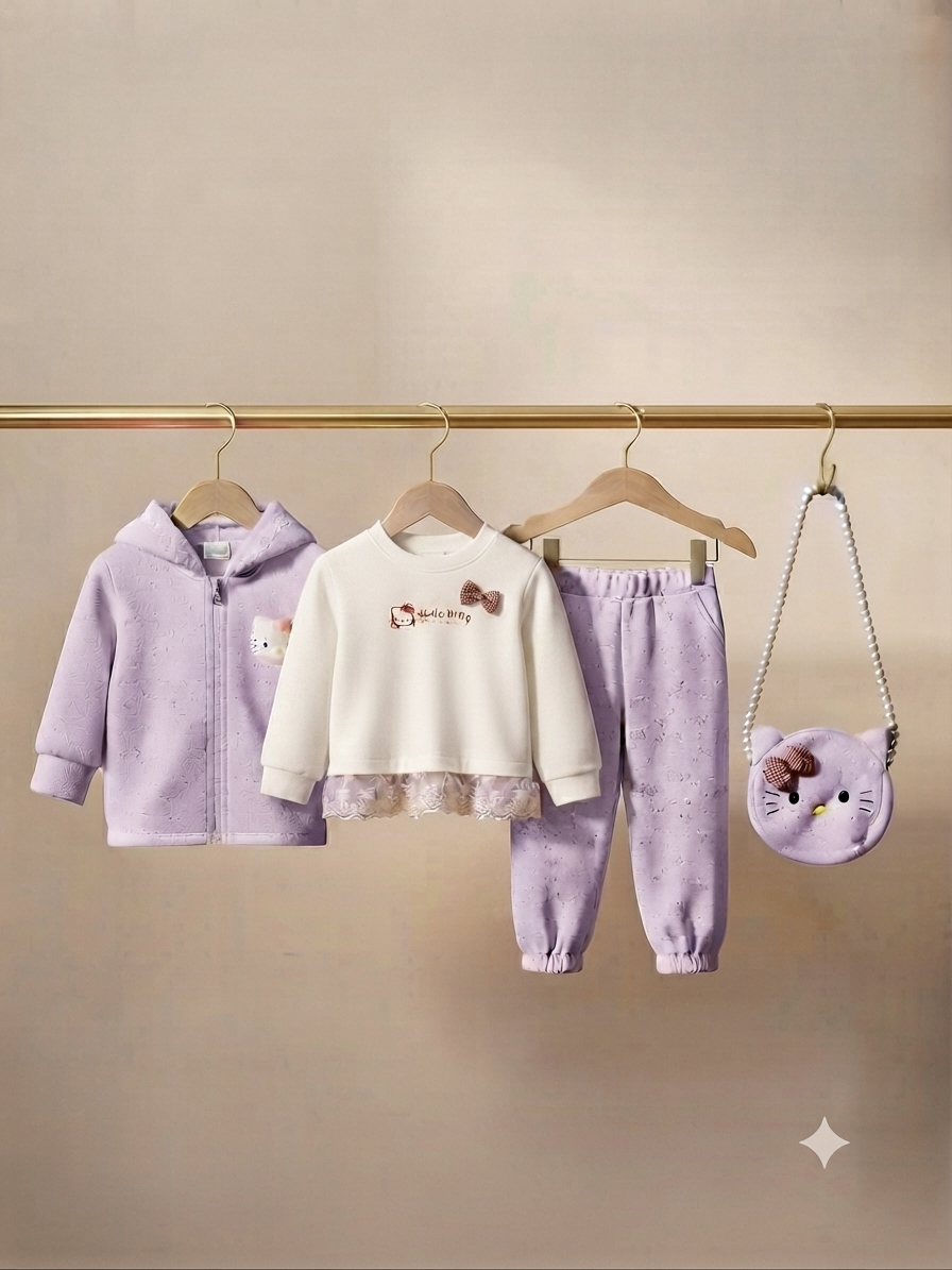 Cute Girls 4 Piece Winter Outfit Set Hoodie Sweatshirt Full Trousers And Bag