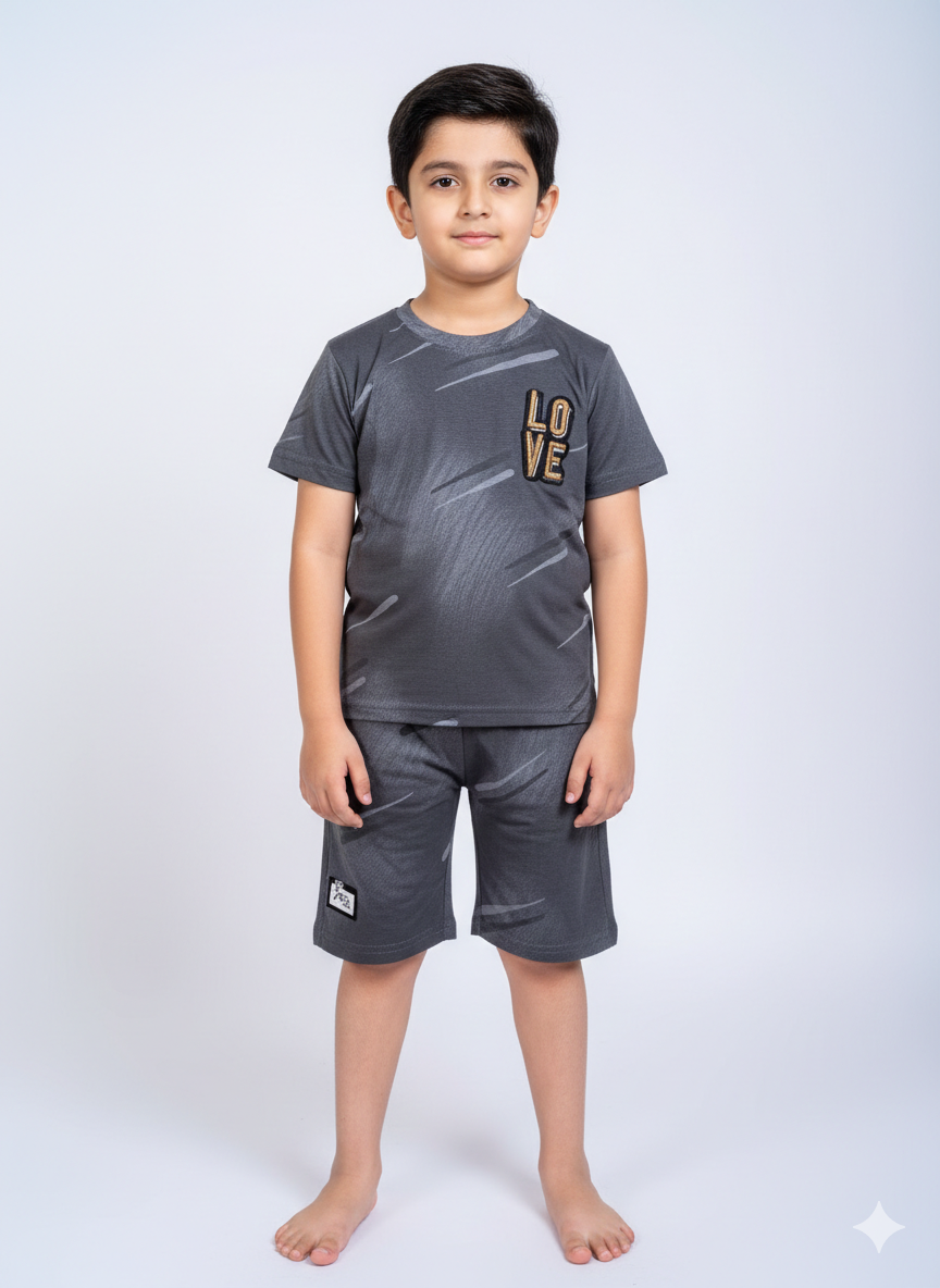 Boys Light Beige Love Graphic Summer Set Cotton Short Sleeve Shirt and Matching Shorts