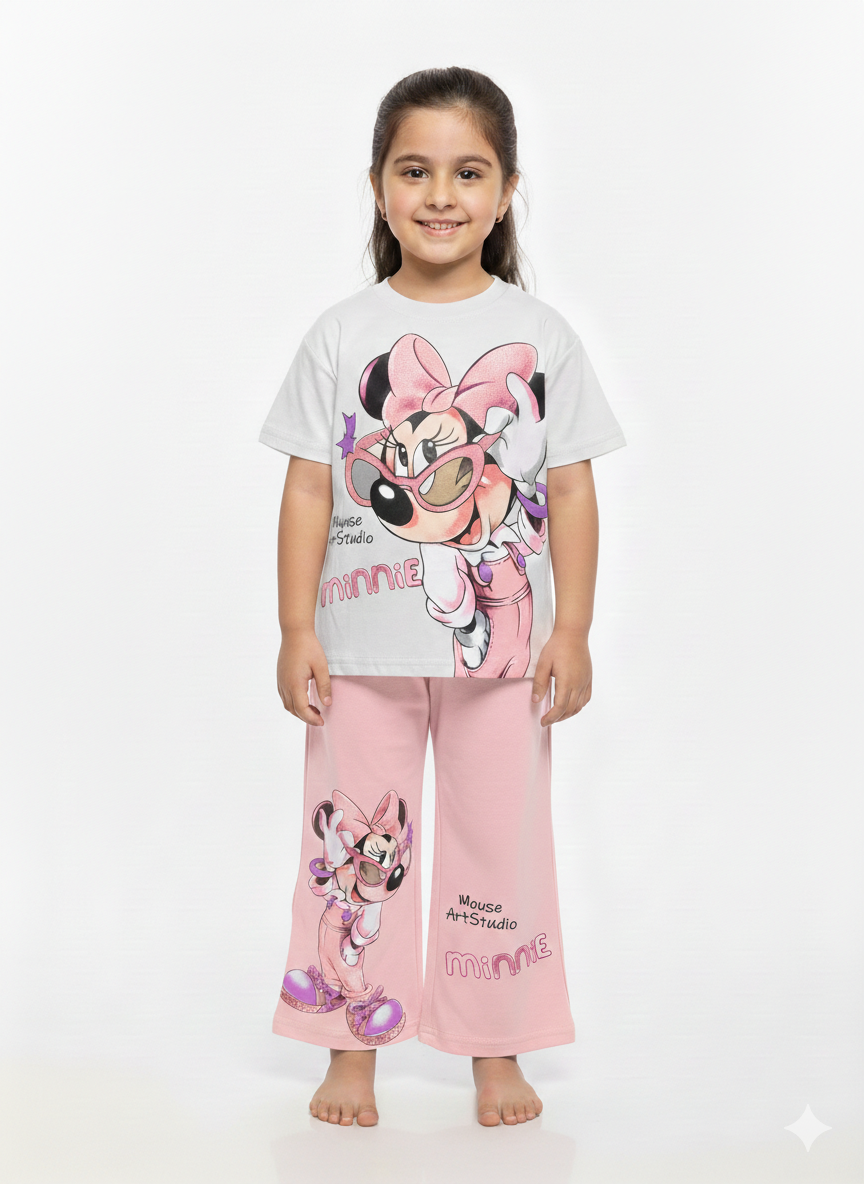Girls Fun Cartoon Graphic T-Shirt and Wide Leg Pant Two Piece Set in Three Colors