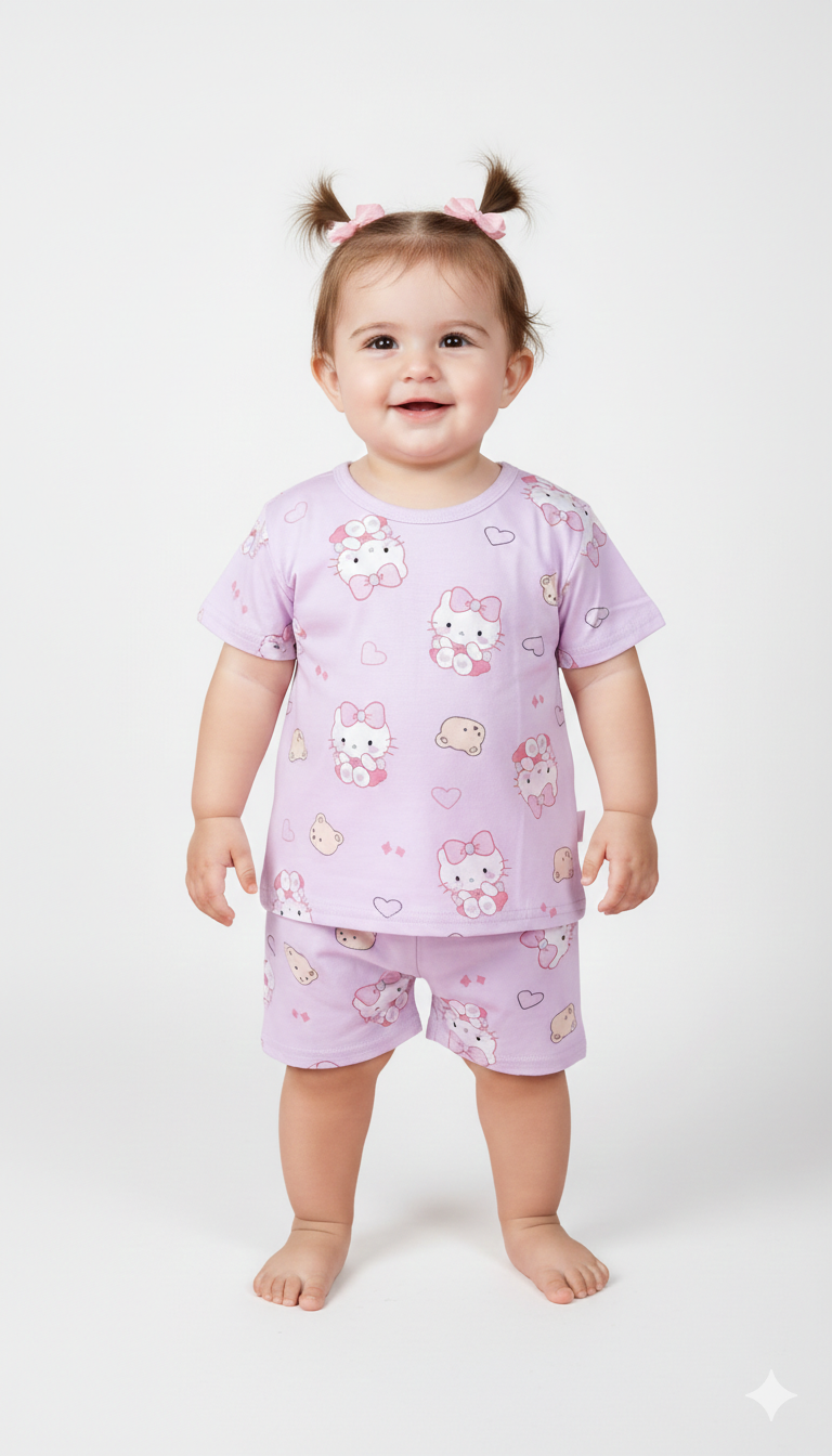 Cute Hello Kitty Print Toddler Girls Lilac Summer Cotton T-Shirt and Shorts Pajama Set ✨