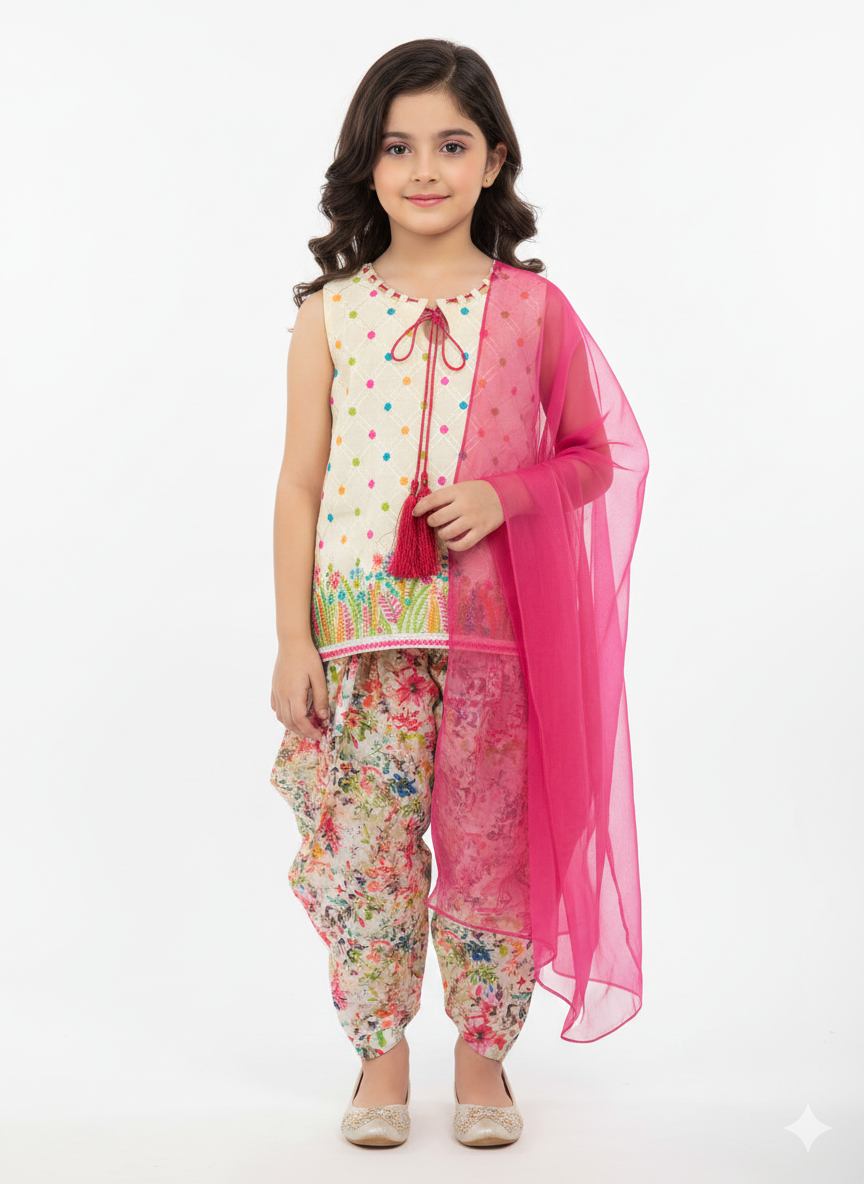 Girls' Floral Patiala Shalwar Suit Set with Sleeveless Embroidered Kurti and Pink Dupatta