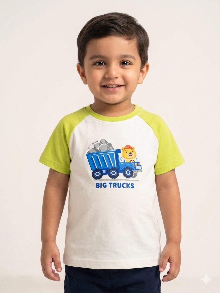 Boy's Big Trucks Graphic Raglan Tee - Fun Construction Theme Short Sleeve Cotton T-Shirt