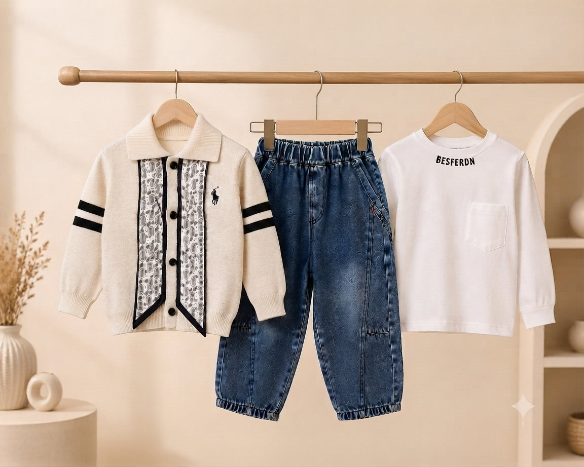 Boys Stylish 3-Piece Winter Outfit Set Cardigan Inner T-Shirt Full Length Trouser