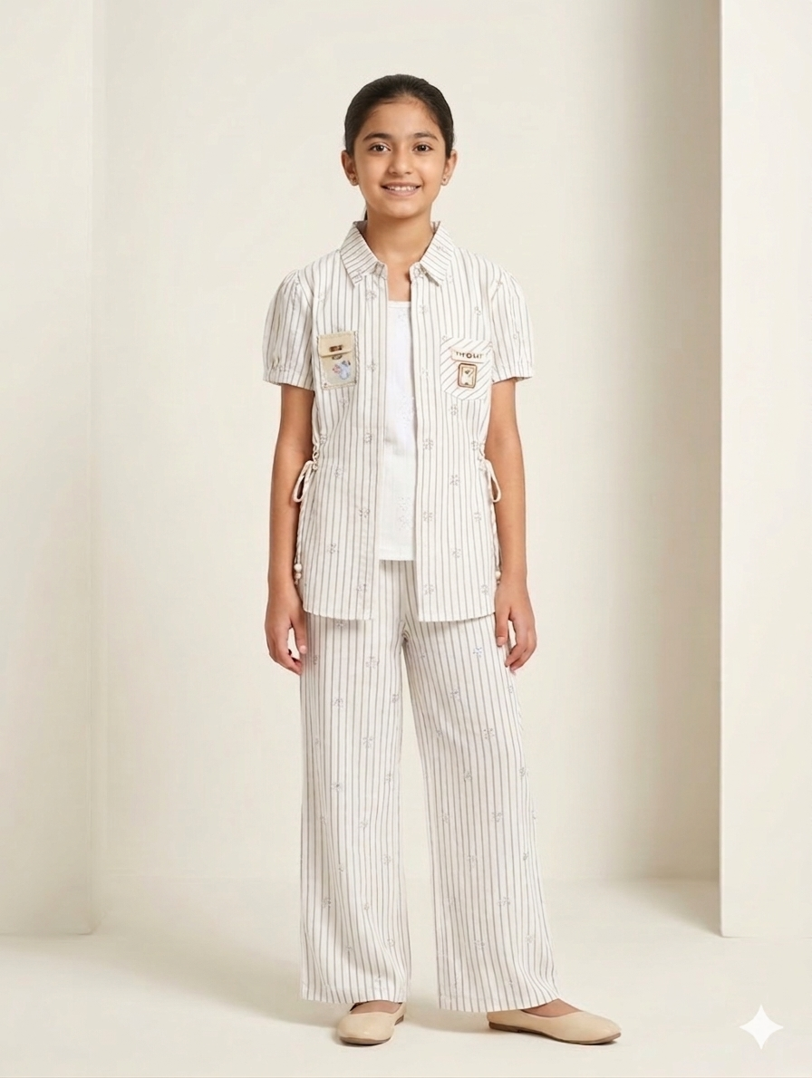 Girls Elegant Vertical Striped Three-Piece Summer Set With Long Trousers and Waist-Tie Open Shirt