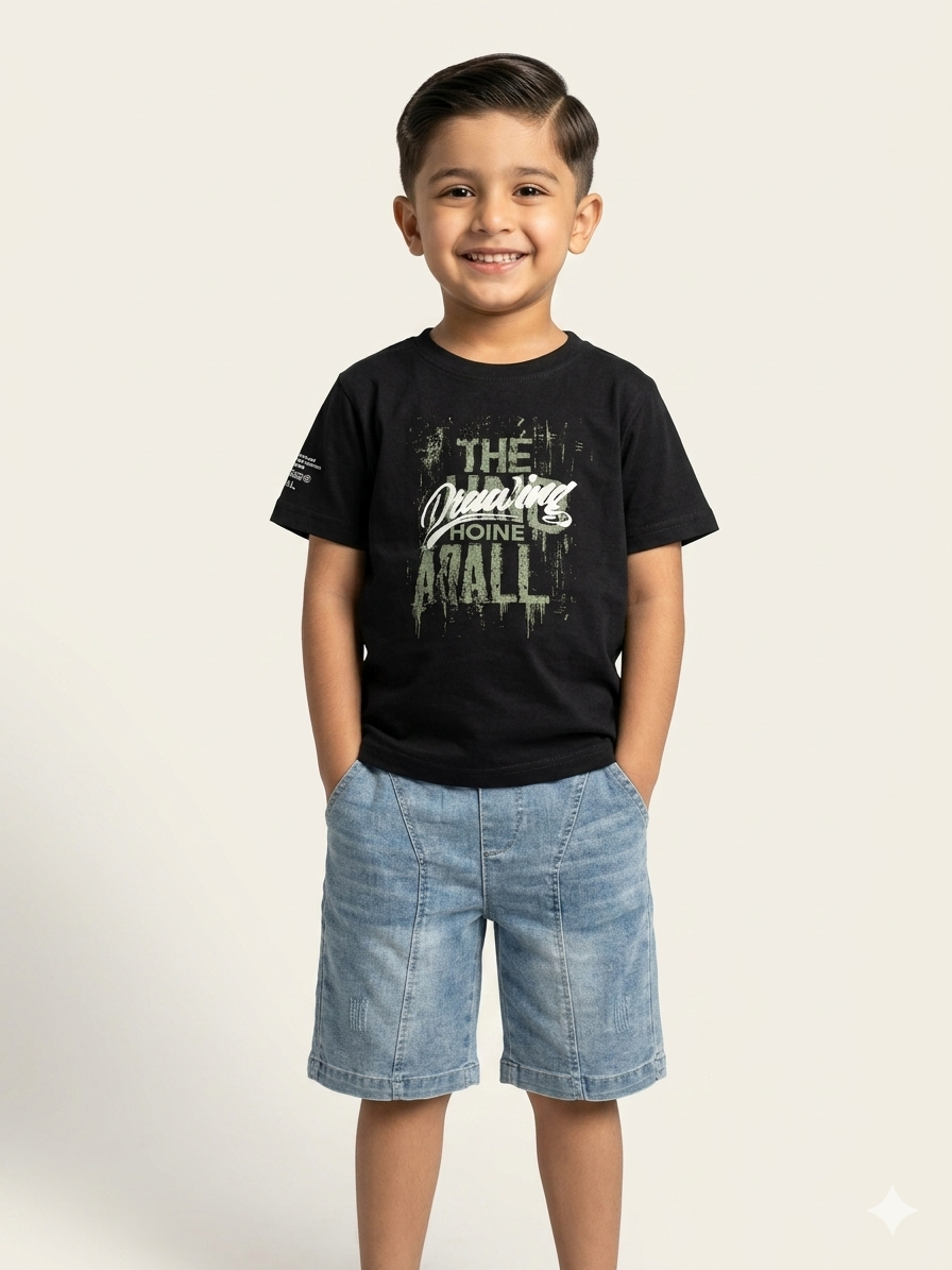 Boys Casual Graphic Cotton T-Shirt and Denim Shorts Two Piece Summer Outfit Set