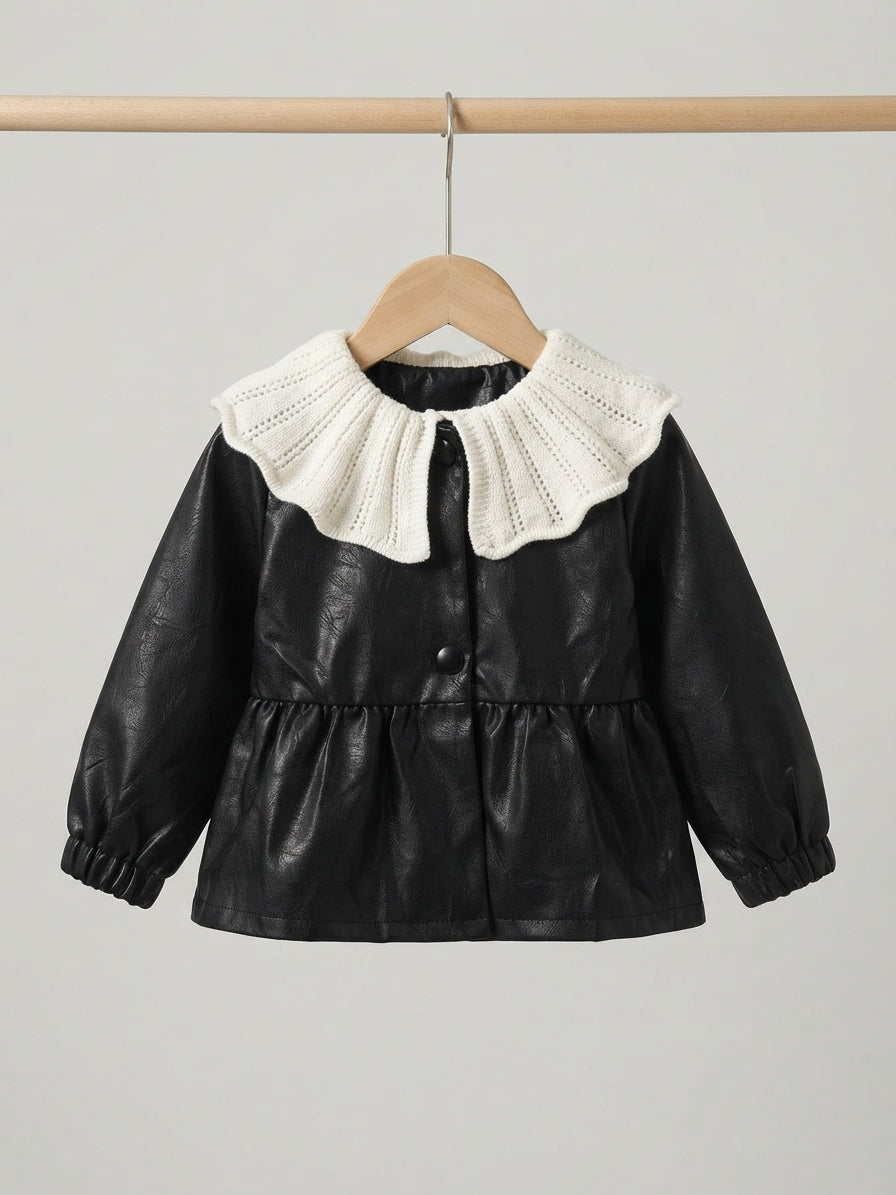 Stylish Kids Faux Leather Jacket With Knitted White Collar Winter Outerwear Coat