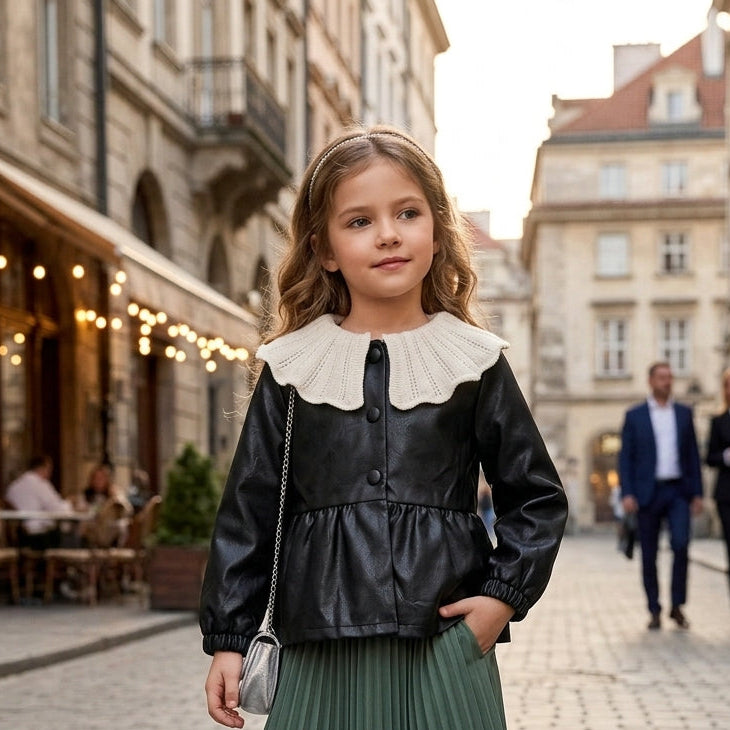 Stylish Kids Faux Leather Jacket With Knitted White Collar Winter Outerwear Coat