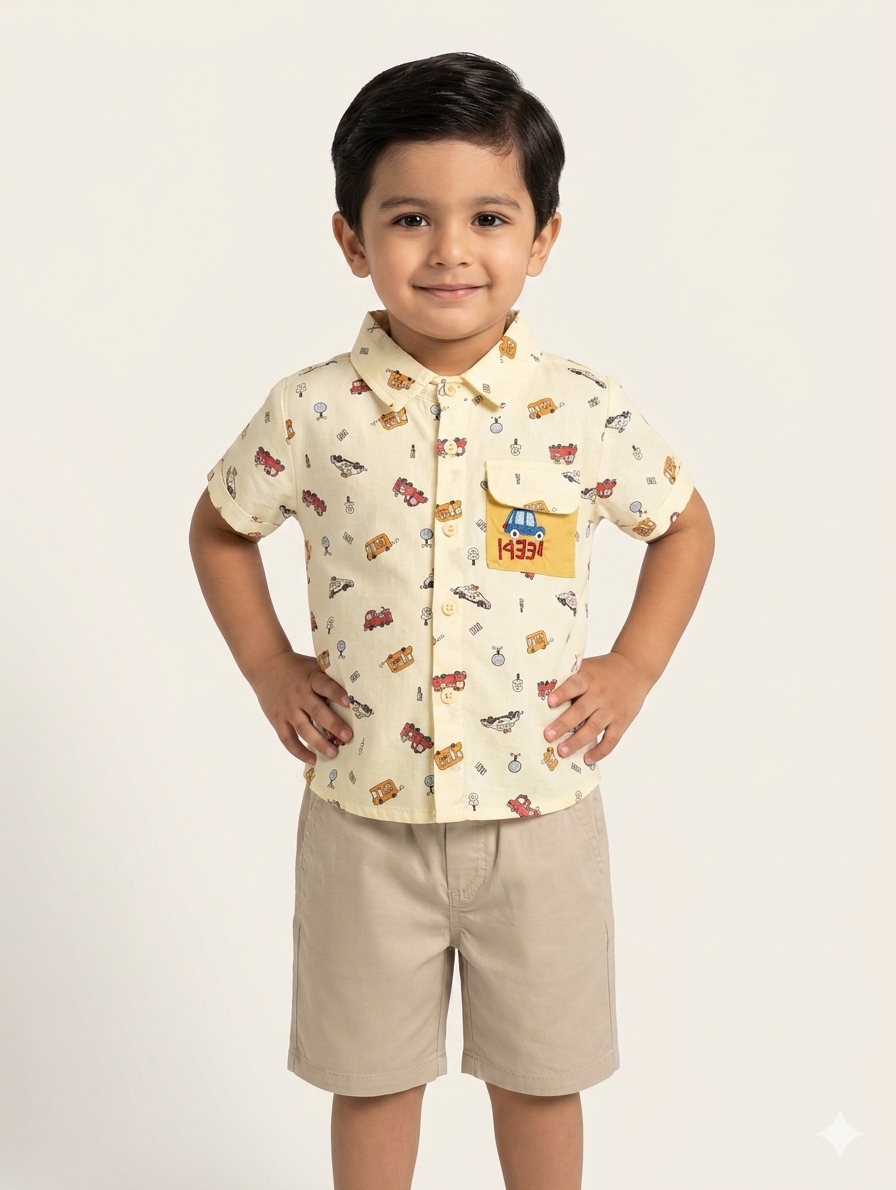Little Adventurer Vehicle Print Short Sleeve Cotton Button Down Shirt and Shorts Summer Set