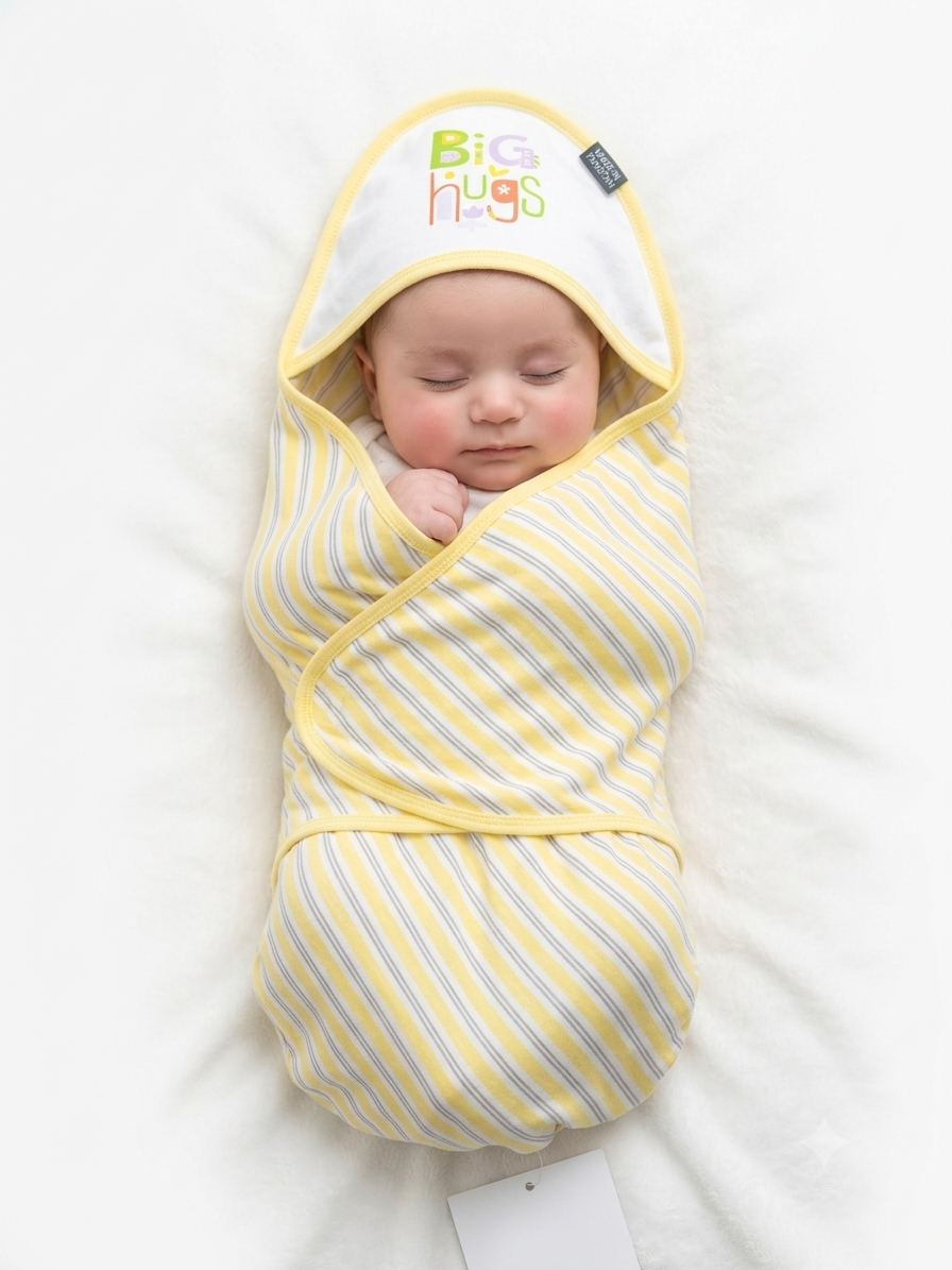 Cute Hooded Baby Swaddle Blanket Soft Cotton Wrap With Printed Striped Hugs Design