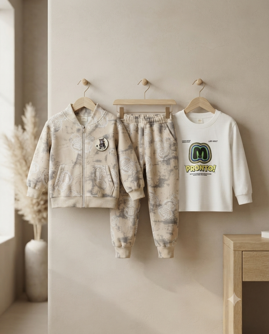 Stylish Kids 3-Piece Set: Zip-Up Jacket, Matching Joggers, And Graphic Long-Sleeve T-Shirt