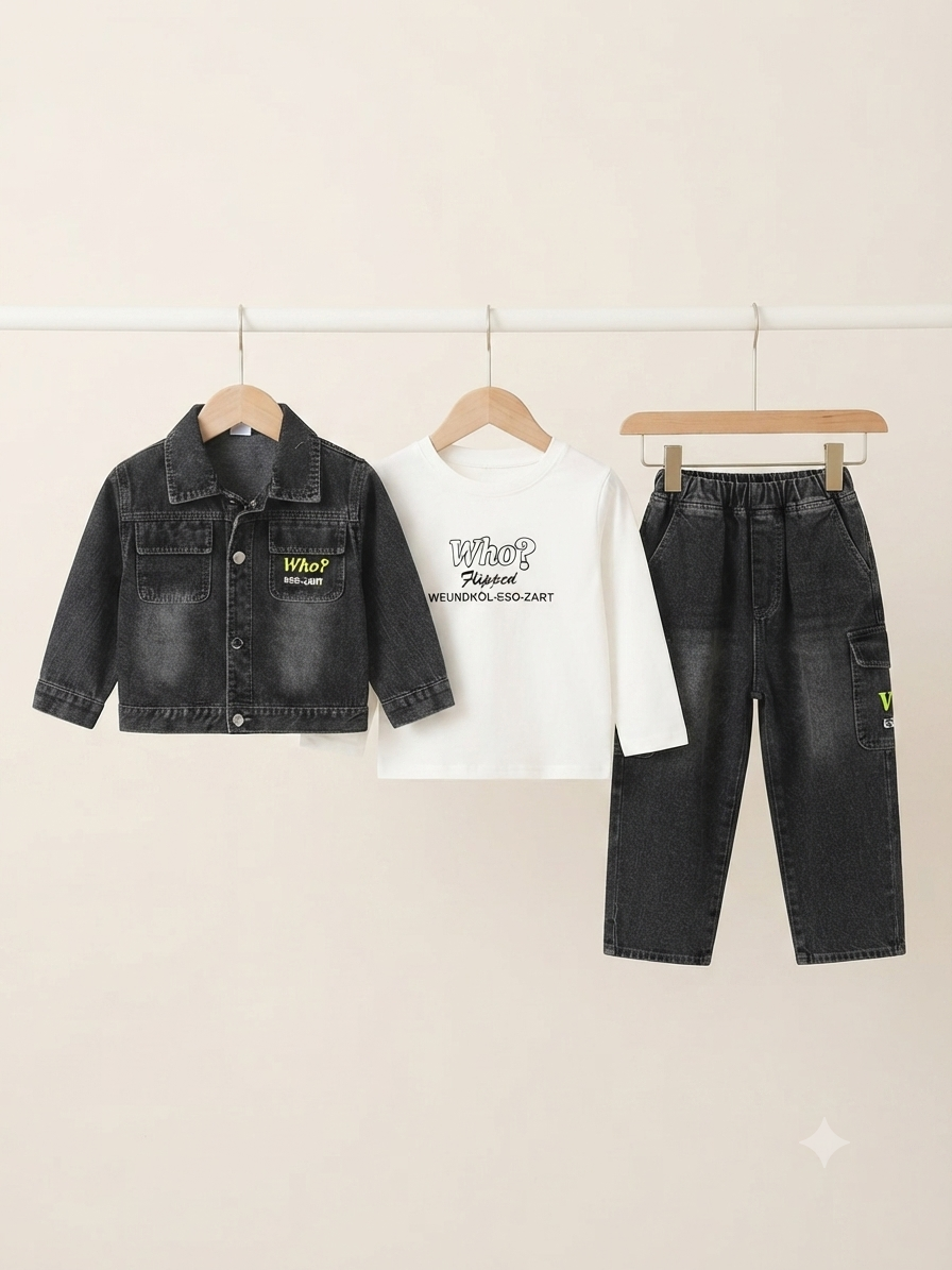 Kids Stylish 3-Piece Denim Jacket, T-Shirt & Jeans Outfit Set