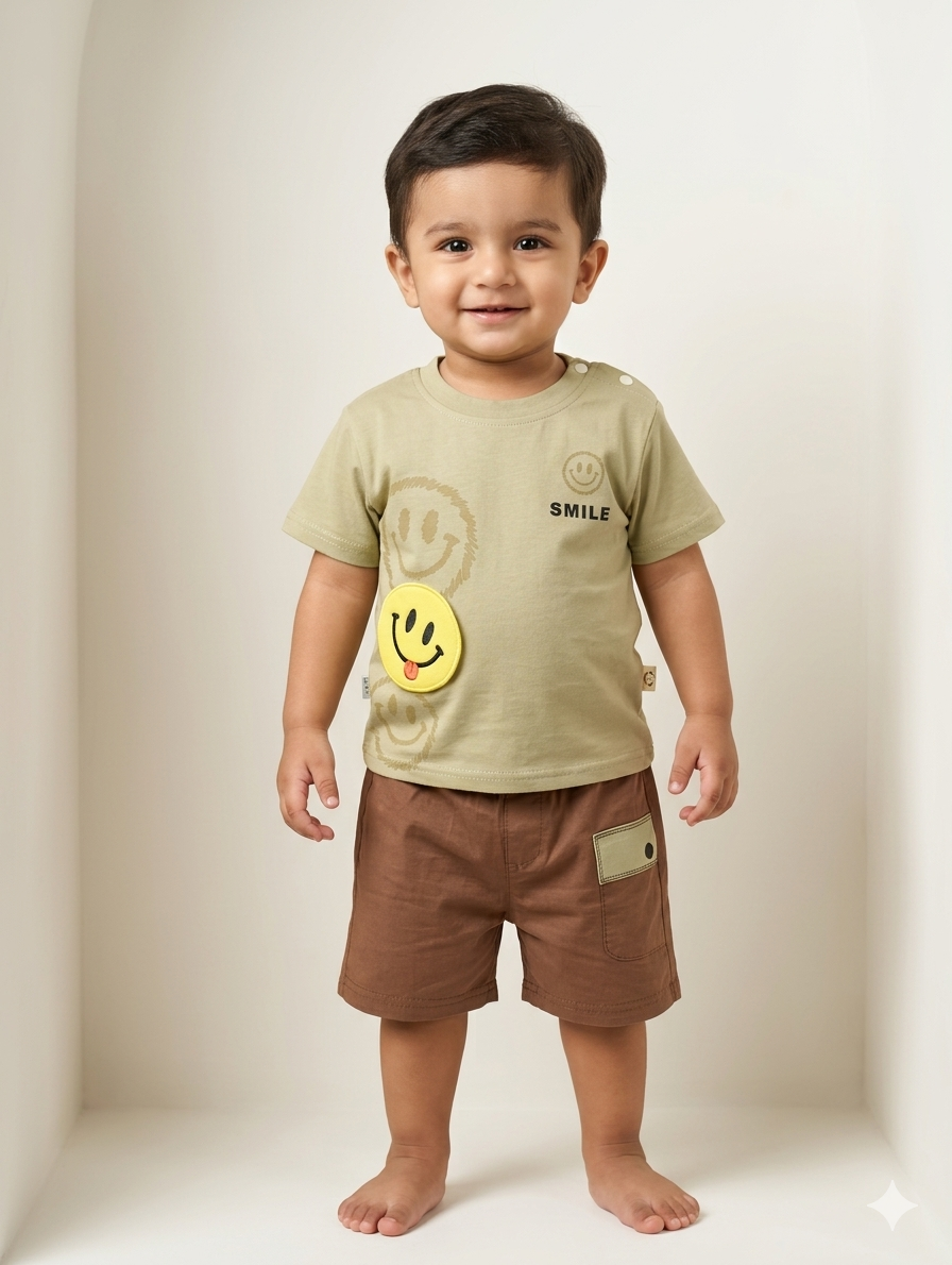 Toddler Boys' Smiley Face Cotton T-Shirt and Casual Brown Shorts Two-Piece Summer Outfit Set