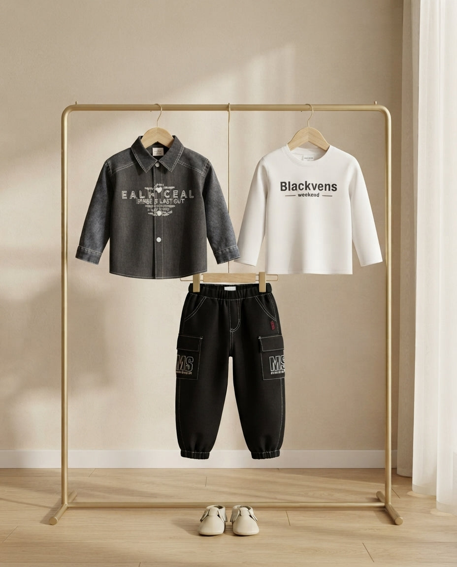 Boys Stylish Casual Outfit Set with Denim Shirt White T-Shirt and Black Cargo Trousers
