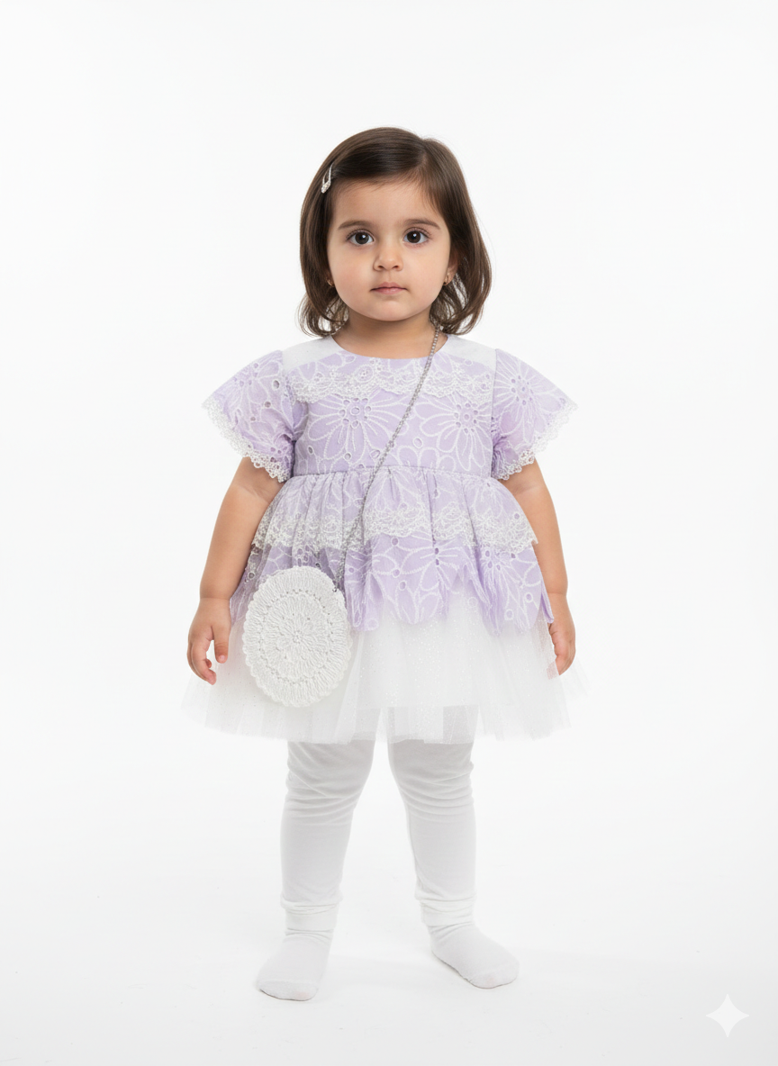 Elegant Toddler Girls Floral Eyelet Lace Party Dress with Matching Crossbody Purse and Leggings