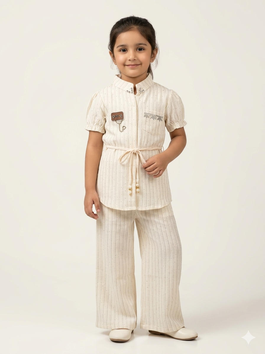 Chic Girls Pinstripe Tunic and Wide Leg Pant Set with Waist Tie and Embroidery