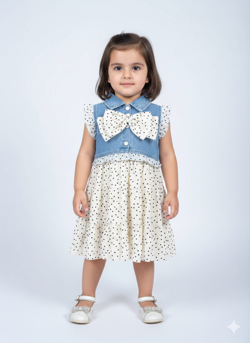 Girls Polka Dot Tiered Dress With A Denim Vest Featuring A Large Bow Detail