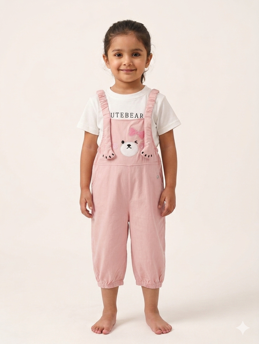 Adorable Girls Bear Face Dungaree Set With Pink Bow Detail And Comfortable White Cotton Tee