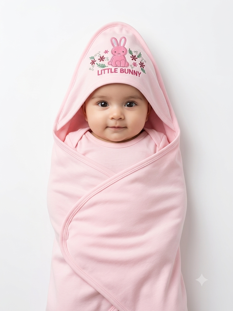 Cute Hooded Baby Swaddle Blanket Soft Cotton Wrap With Embroidered Little Bunny Design