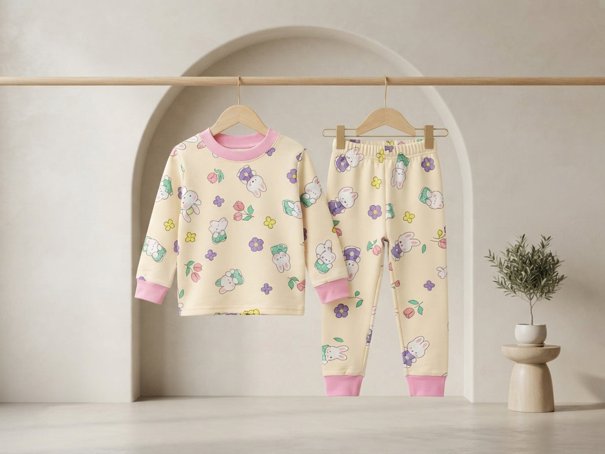 Kids beige bunny print sweatshirt and matching trouser set for daily casual wear.