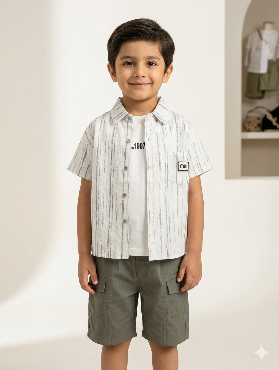 Boys' Casual Two-Piece Set: Striped Short-Sleeve Button-Up Shirt and Cargo Shorts Co-Ord