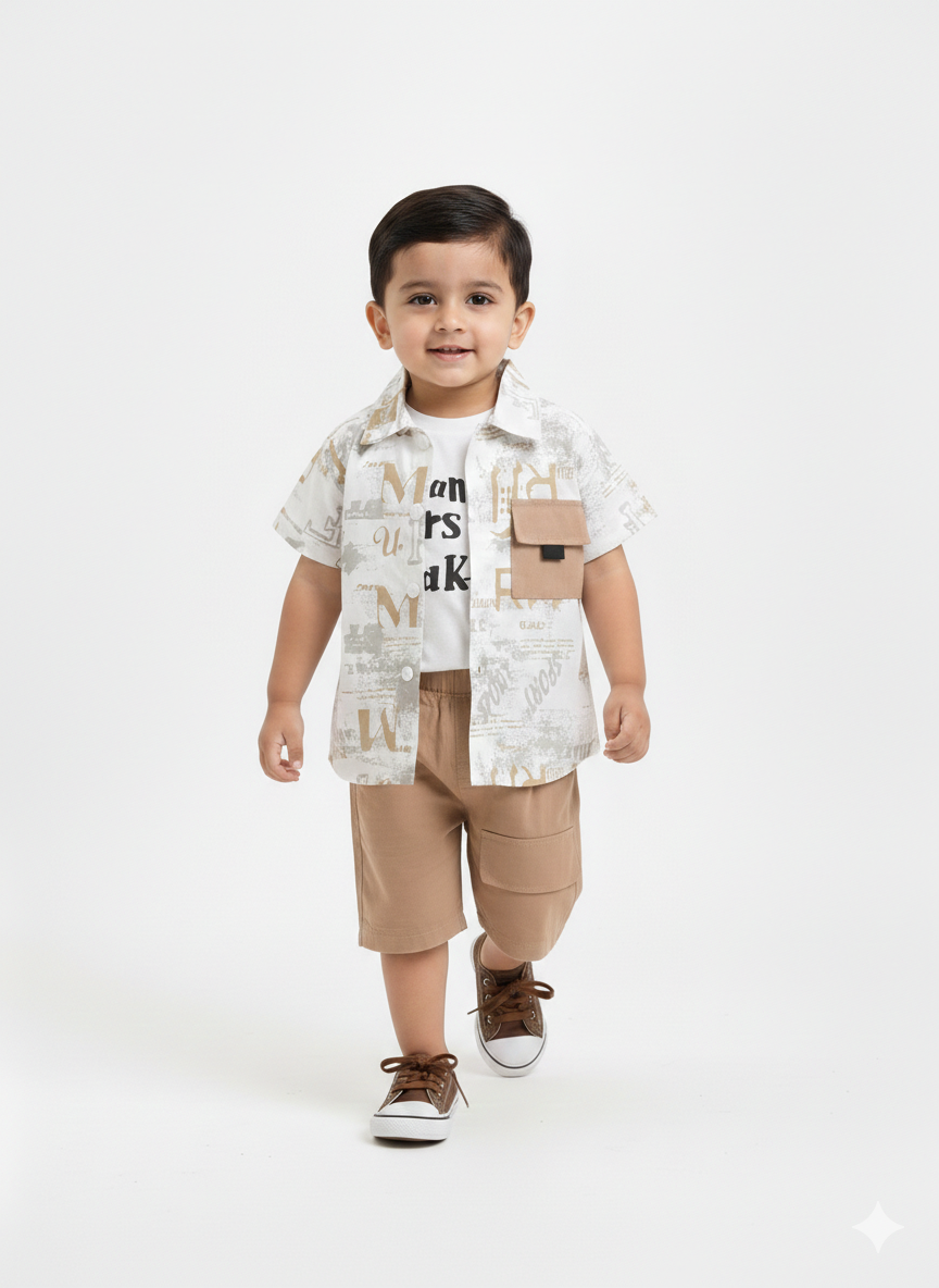 Toddler Boys' 3-Piece Graphic Button-Down Shirt, Statement Tee, and Cargo Shorts Utility Set