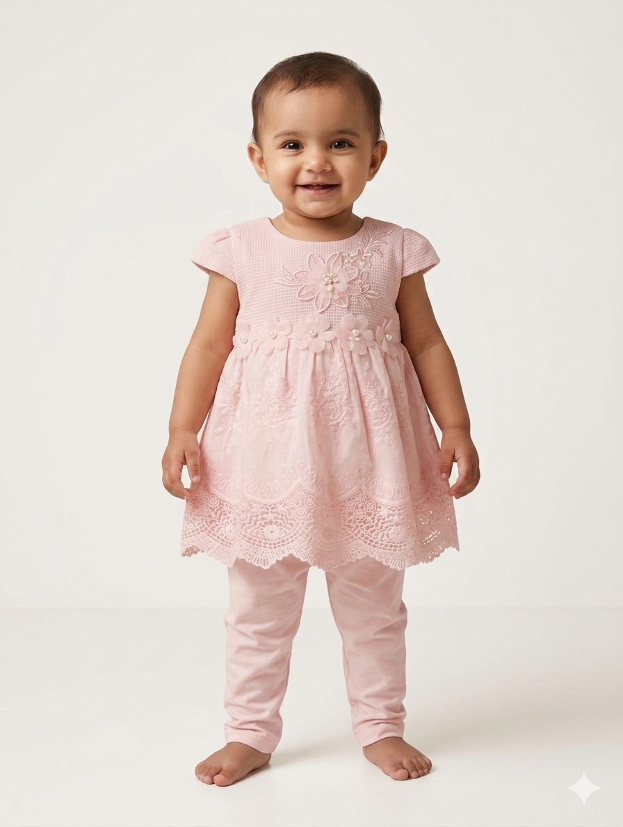 Embroidered Floral Baby Tunic and Leggings Set – Elegant Lace Detail Infant Occasion Wear