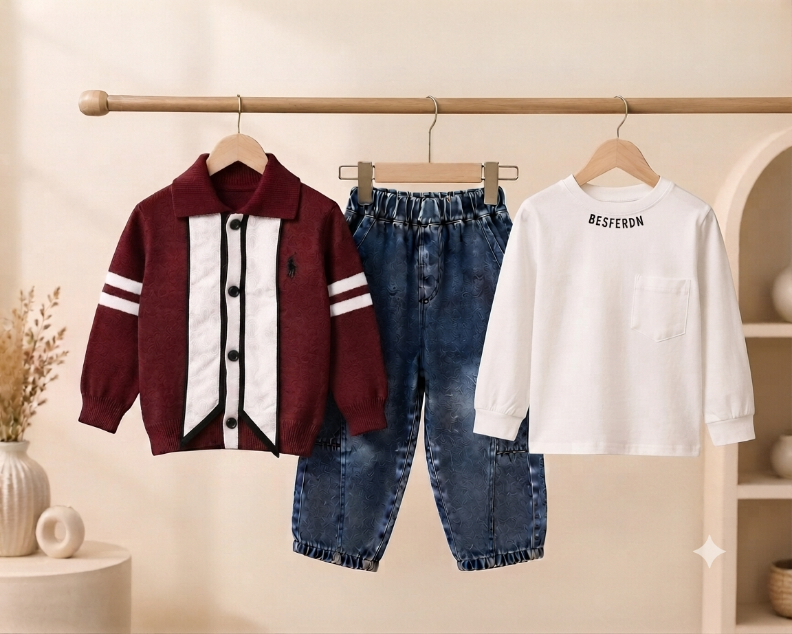 Boys Stylish 3-Piece Winter Outfit Set Cardigan Inner T-Shirt Full Length Trouser