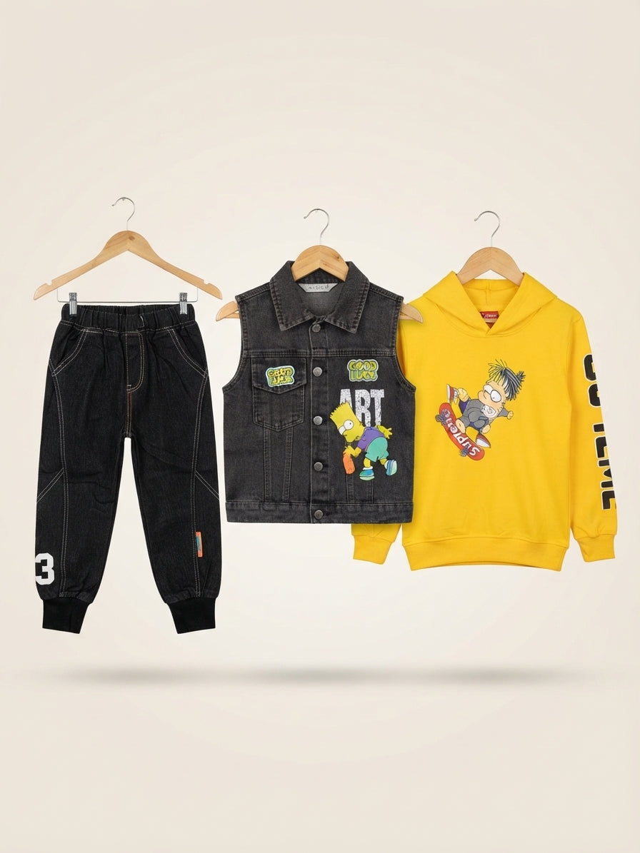 Kids Cartoon Graphic Hoodie Denim Vest And Trouser 3 Piece Outfit Set