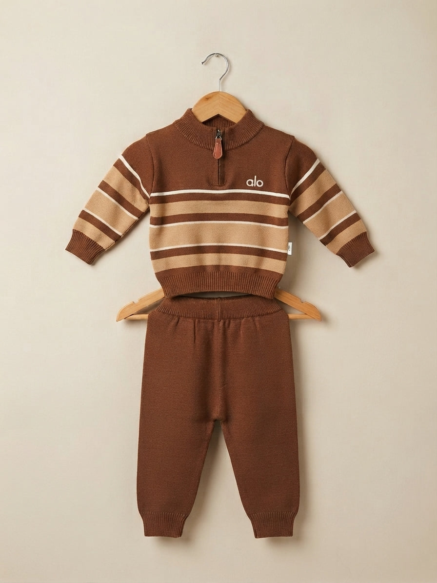 Cozy Kids Striped Quarter Zip Pullover Sweater And Matching Jogger Pants Winter Outfit Set