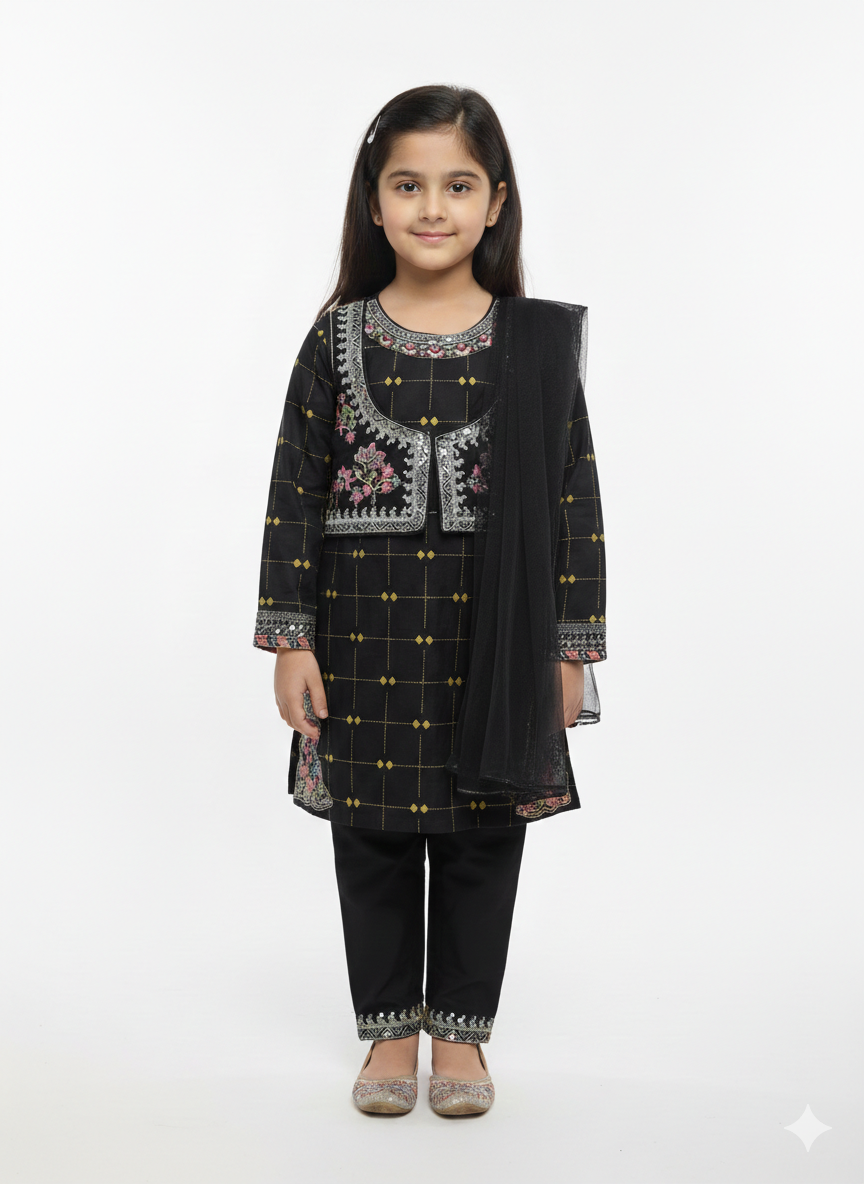 Girls' Embroidered 3-Piece Festive Eastern Suit with Koti Jacket and Net Dupatta