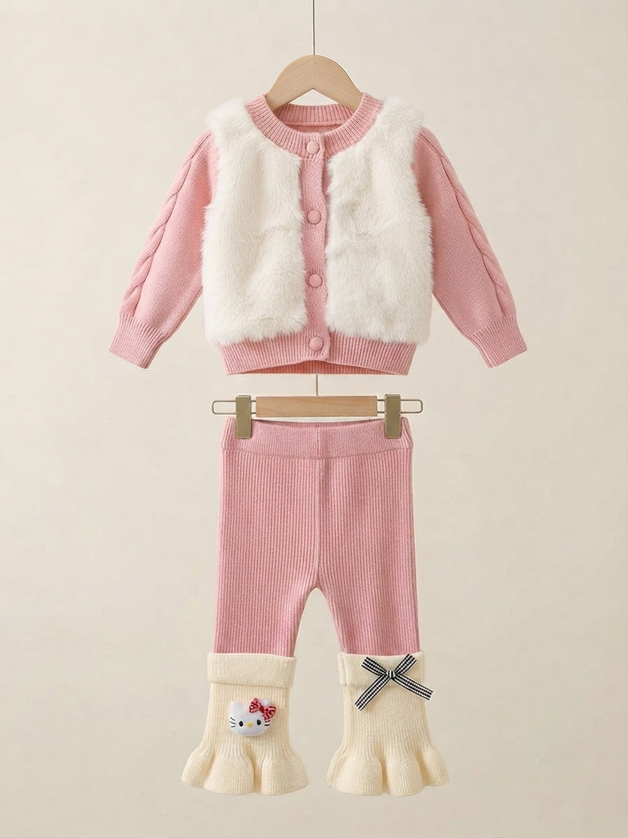 Cozy Girls Pearl Collar Fuzzy Cardigan and Ruffled Bow Pants Winter Outfit Set