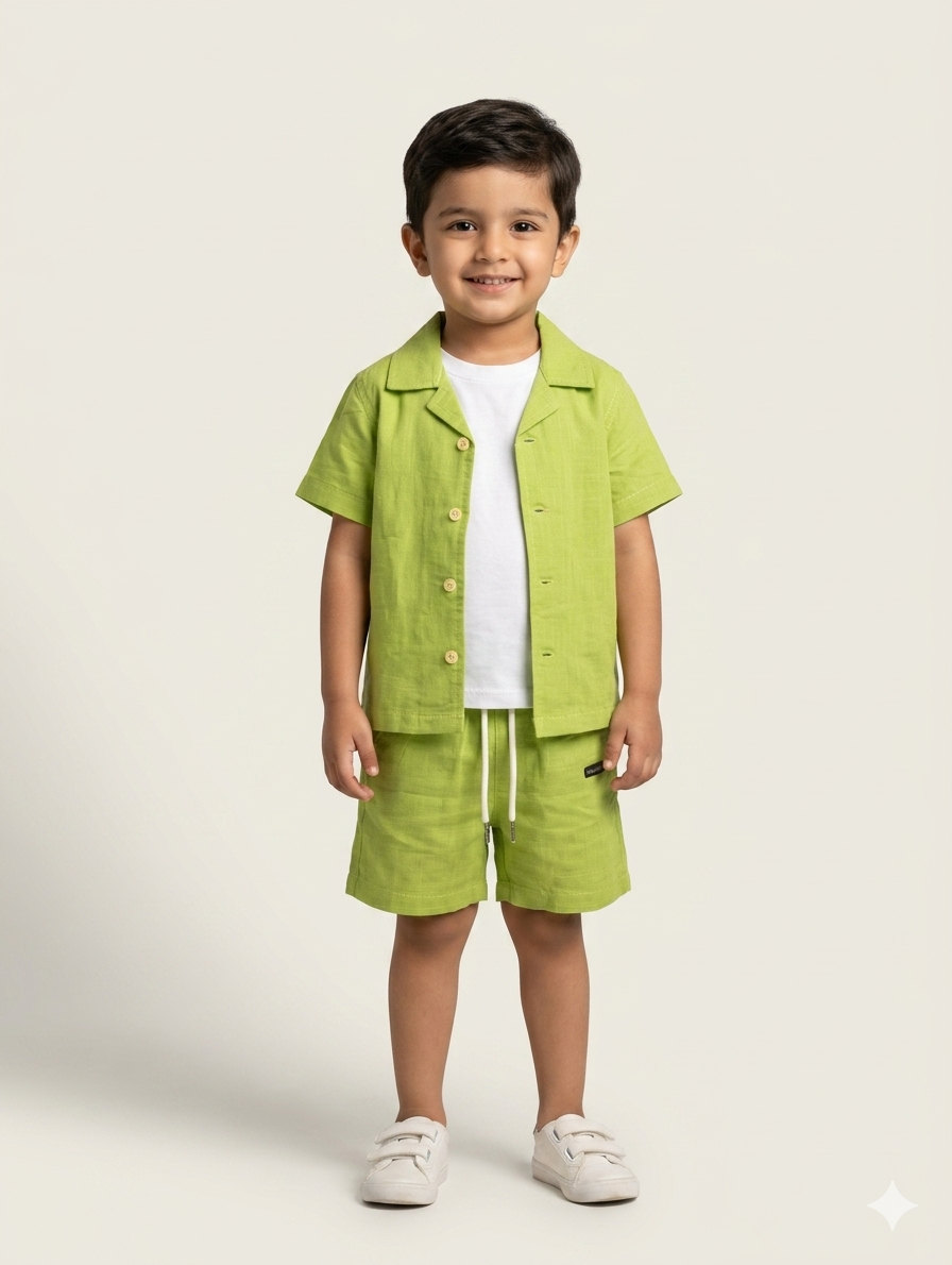 Boys Three Piece Linen Style Summer Set With Button Down Shirt Shorts And White Tee