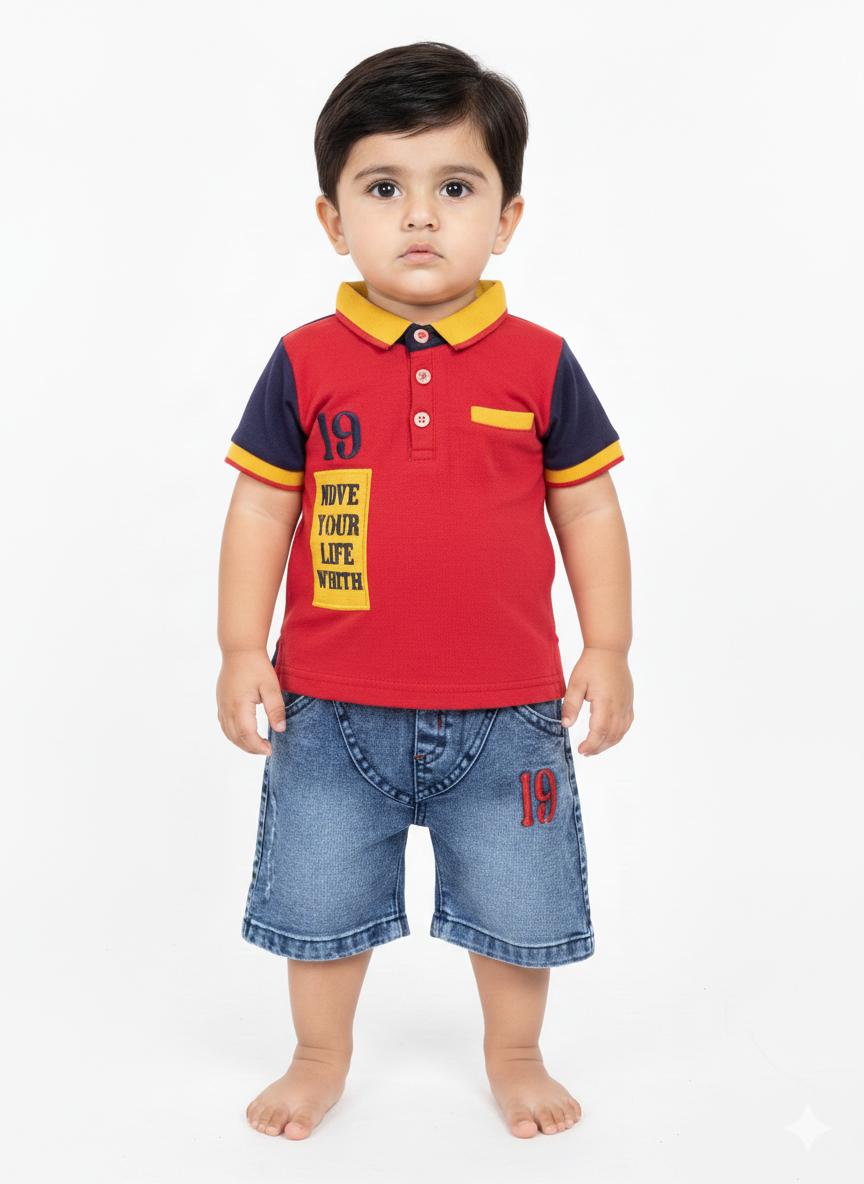 Stylish Toddler Boy Polo T-Shirt and Denim Shorts Set with Premium Fabric for Summer